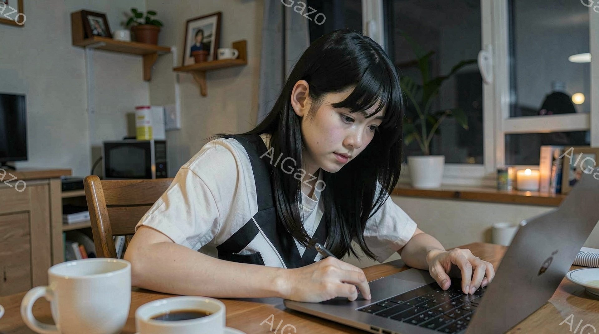 若い女性がノートパソコンに向かって座り、真剣な表情でタイピングしている。白いTシャツに黒いエプロンを着用し、前髪を下ろしたヘアスタイルで、集中して作業に取り組んでいる様子が伺える。背景には木製の家具や観葉植物が見え、窓の外は薄暗く、暖かく落ち着いた雰囲気の室内である。