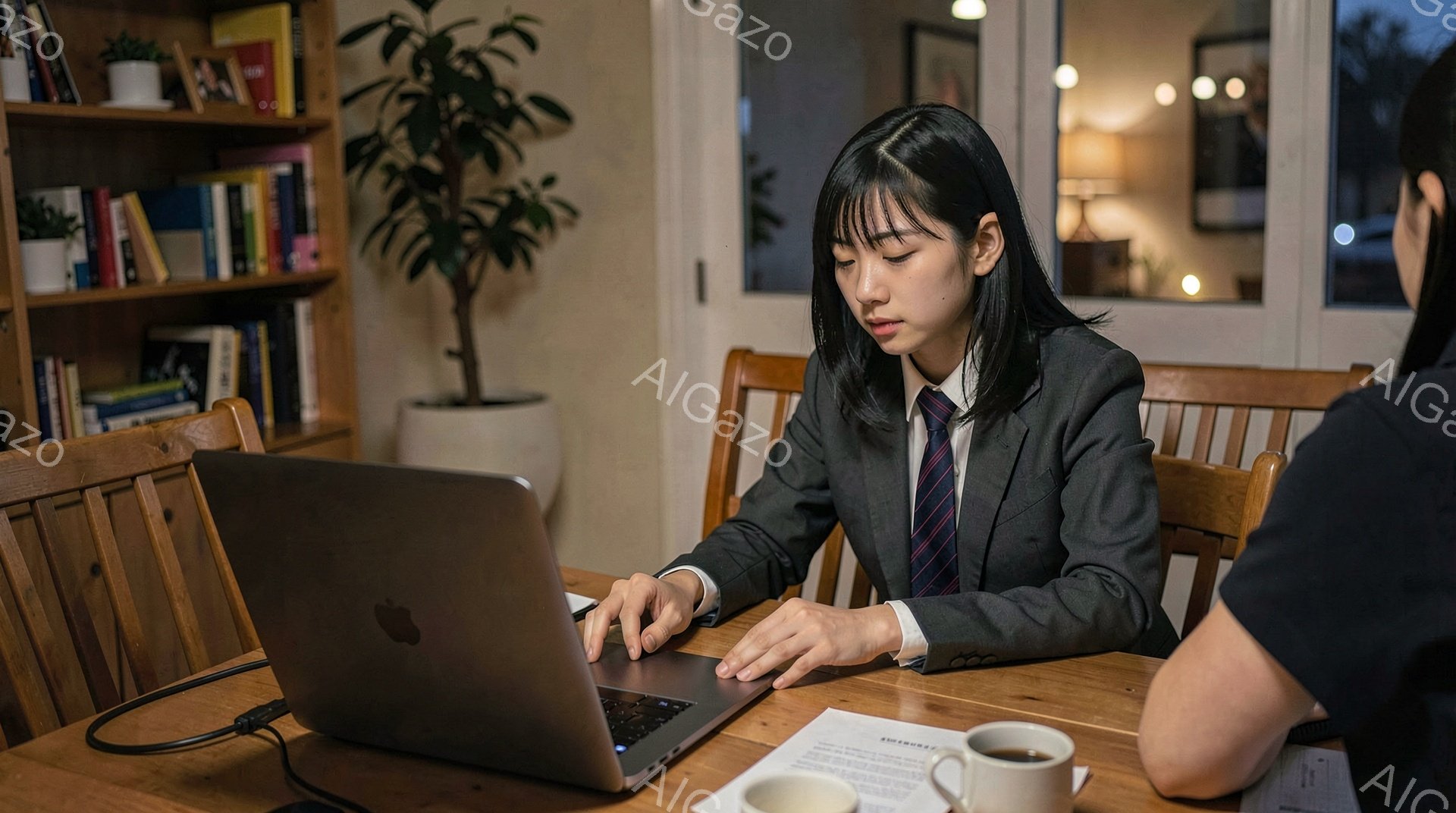 若い女性がテーブルに座り、ノートパソコンを操作している。彼女は紺色のジャケット、白いシャツ、チェックのネクタイを着ており、黒髪を肩まで伸ばしている。背景には本棚、観葉植物、窓からのぼんやりとした街の明かりが見え、室内は落ち着いた雰囲気である。