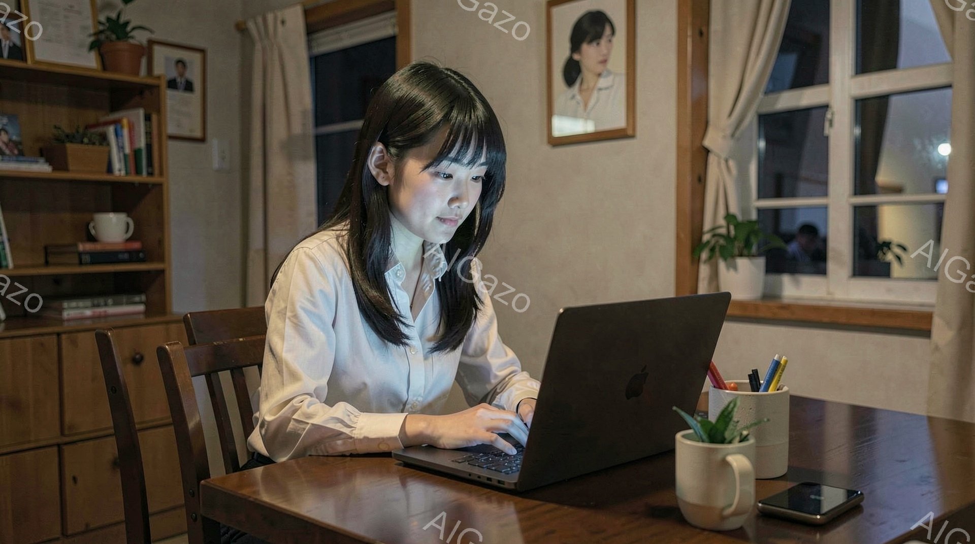 若い女性が木製のテーブルに向かってノートパソコンを使用している。彼女は白いシャツを着ており、前髪を下ろした黒髪が特徴的だ。背景には本棚と窓があり、暖かく落ち着いた雰囲気の中で作業に集中している様子が伺える。