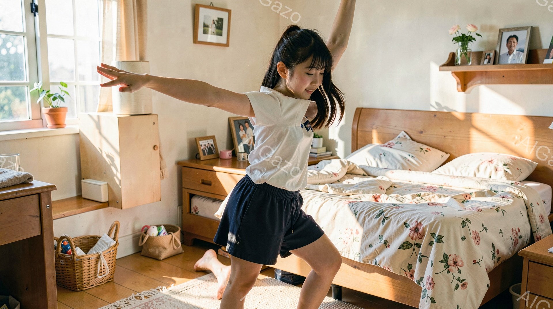 金髪の少女は、部屋の真ん中で両手を広げて踊っているように見える。彼女は白いシャツと紺色の短パンを着ており、髪はポニーテールに結ばれている。背景には木製のベッド、棚、そしてバスケットがあり、窓からは柔らかな光が差し込み、暖かく穏やかな雰囲気を醸し出している。