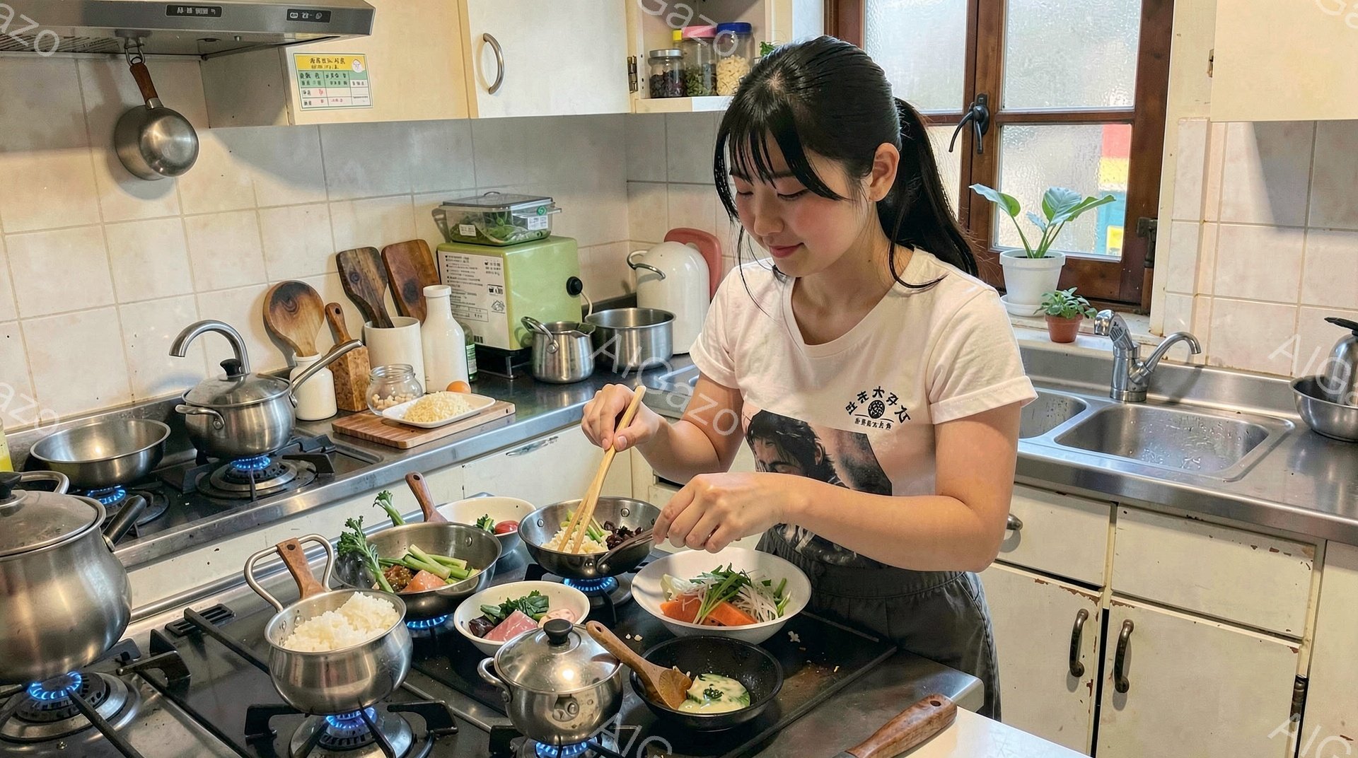 女性はエプロンを着て、キッチンで調理をしている。彼女は黒髪をポニーテールにし、少し微笑みながら野菜を炒めている様子で、手にはフライパンとヘラを持っている。背景にはガスコンロ、調理器具、そして緑の植物が見え、家庭的な温かい雰囲気が漂っている。