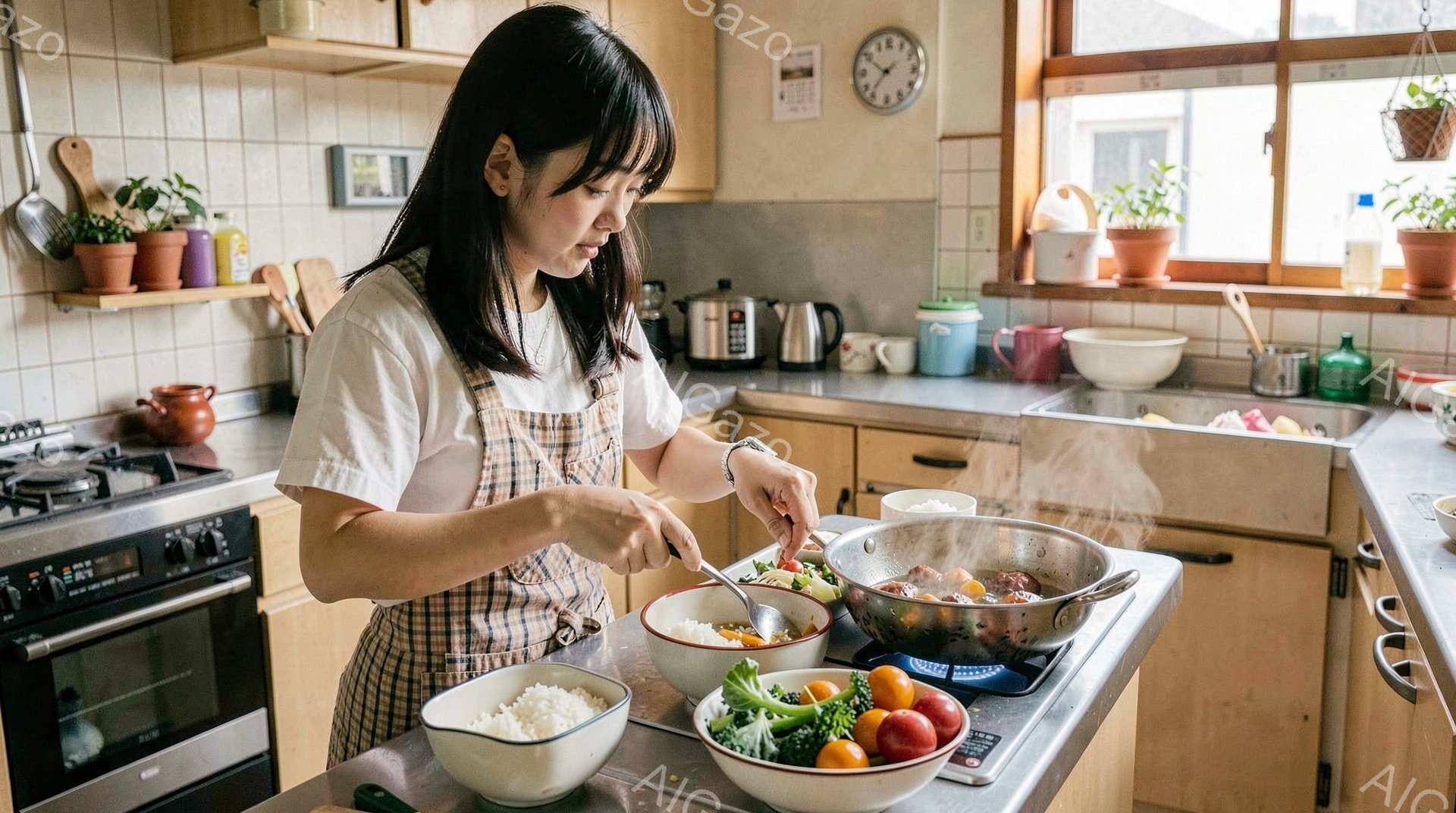 キッチンで女性が料理をしている写真です。短い茶髪に、白いTシャツとオーバーオールの様な服を着ています。フライパンの中身を盛り付けた白いお皿に、小さなスプーンでソースをかけています。