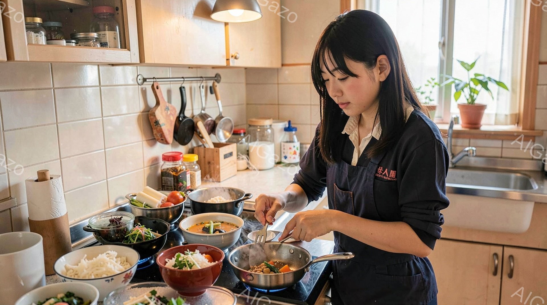 キッチンで女性が調理している様子が写っている。彼女はダークブルーのエプロンを着て、髪を後ろでまとめている。調理台には複数の丼やフライパンが置かれ、湯気が立ち上っていることから、熱い料理を作っていることがわかる。