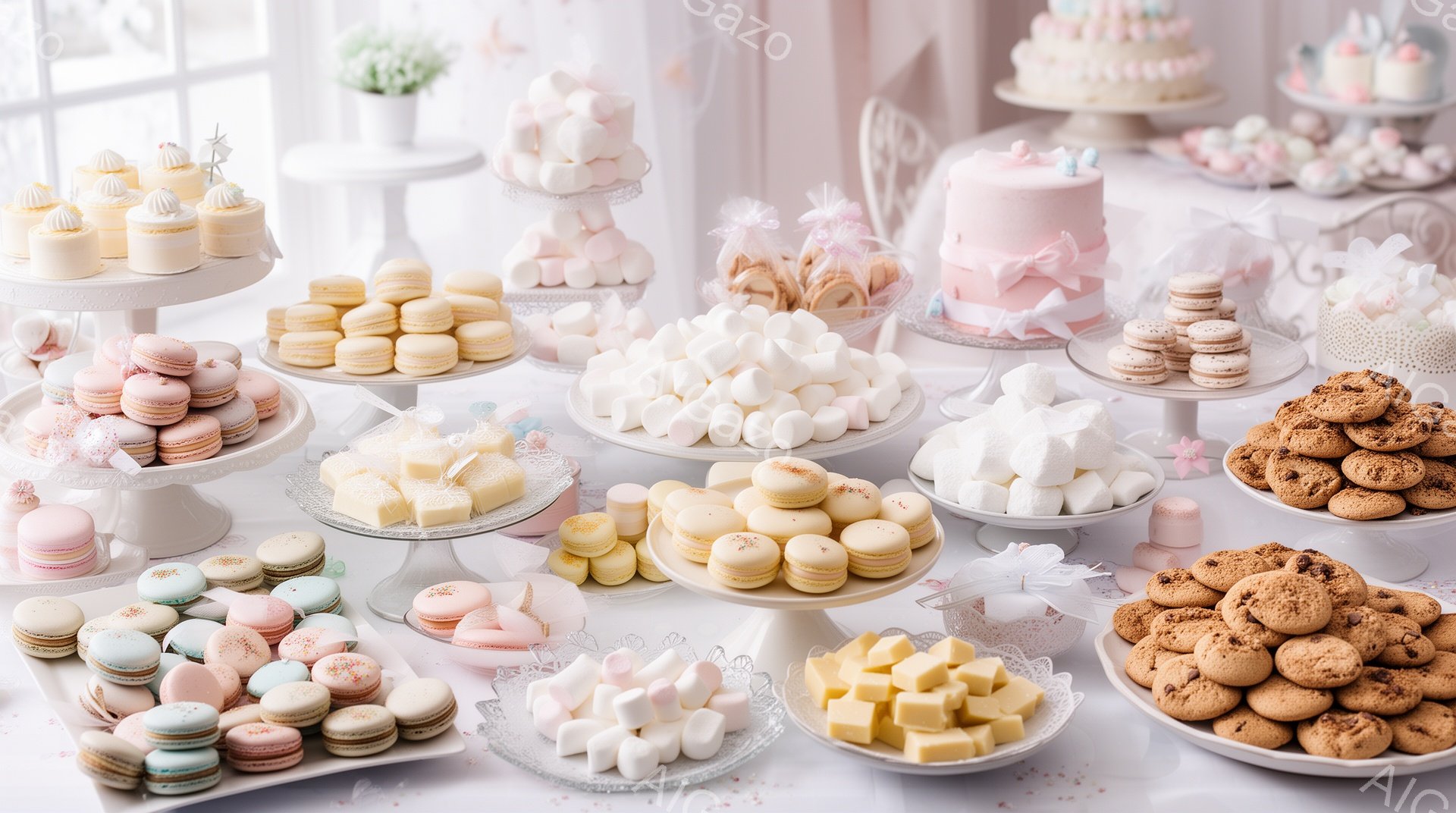 白いテーブルの上に、色とりどりのマカロン、クッキー、マシュマロ、ケーキなどが美しく並べられています。パステルカラーのスイーツが中心で、全体的に柔らかく、夢のような雰囲気が漂っています。窓から差し込む自 - AI生成フリー素材