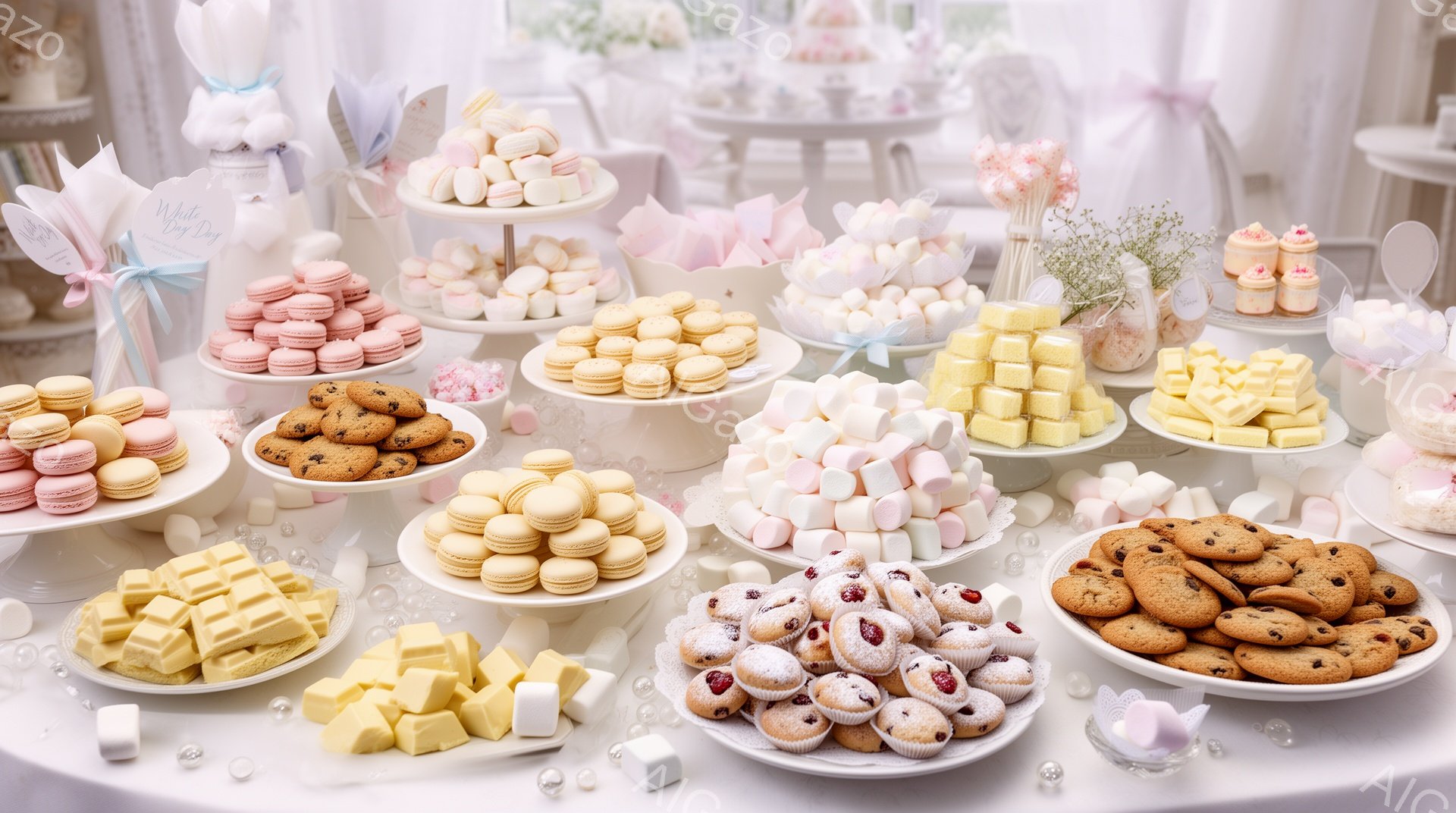 白を基調としたテーブルの上に、マカロン、クッキー、マシュマロ、カップケーキなど、様々な種類の甘いお菓子が美しく並べられています。淡いピンクやクリーム色のパステルカラーが中心で、テーブルには可愛らしい装 - AI生成フリー素材