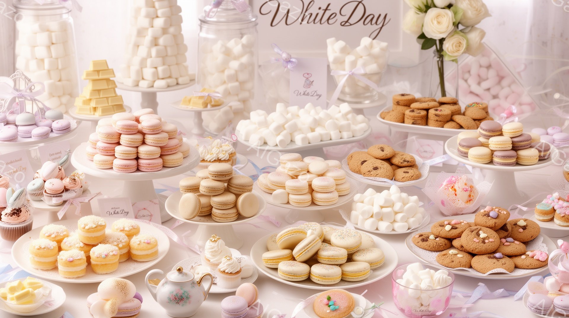 白い背景に、様々な種類の甘いお菓子が並べられています。マカロン、カップケーキ、クッキー、マシュマロなどが、繊細な色合いで美しくディスプレイされており、「White Day」の文字が飾られています。全体 - AI生成フリー素材