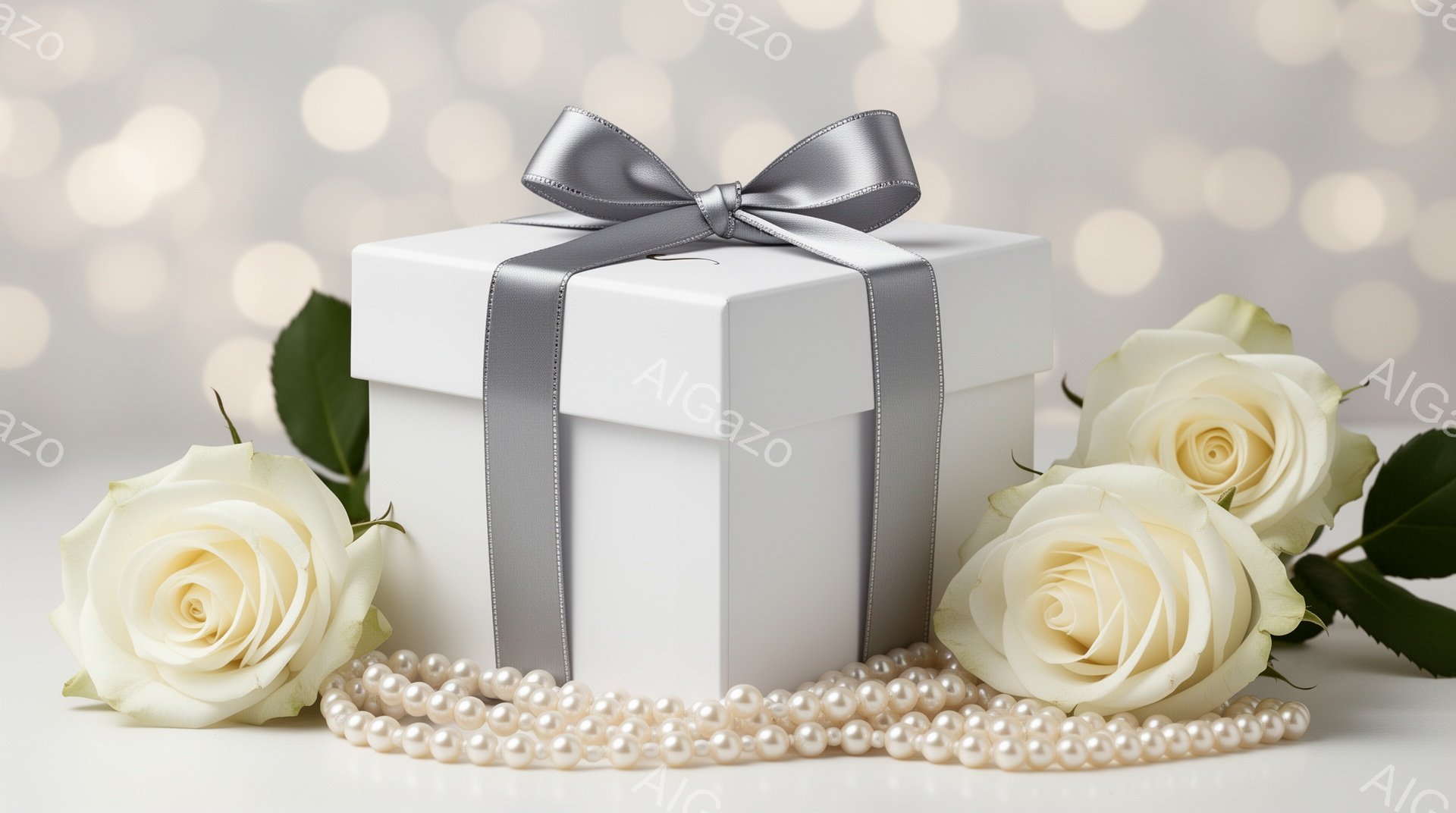 白いギフトボックスが、白いバラと真珠のネックレスに囲まれて配置されています。ギフトボックスは銀色のリボンで上品に飾られており、背景はぼやけた光の粒で埋め尽くされています。全体として、繊細で優雅な雰囲気であり、特別な機会や贈り物を示唆しています。