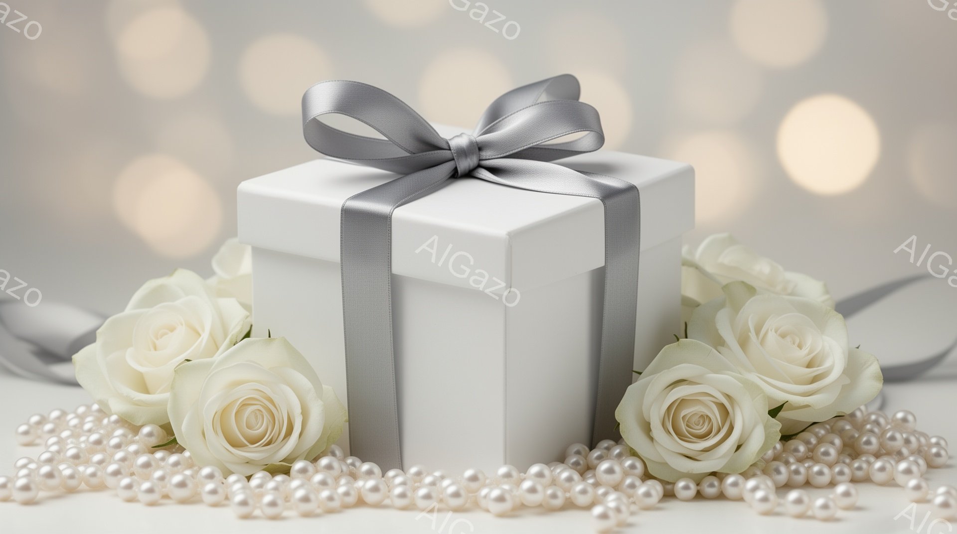 白いギフトボックスが、クリーム色のバラとパールの層に囲まれて配置されています。光がぼやけた背景は、繊細でロマンチックな雰囲気を醸し出しており、贈り物への期待感を高めます。全体的に、優雅さと洗練された美しさを感じさせるイメージです。