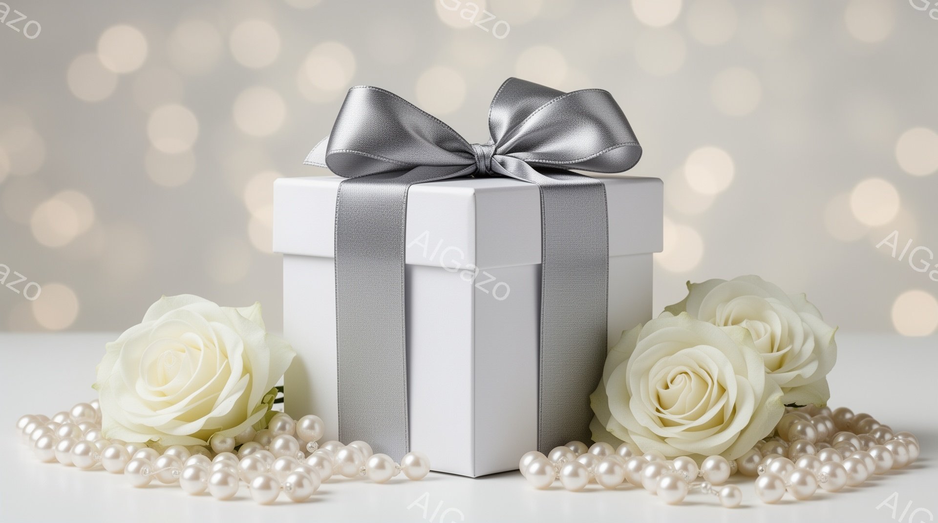 白いギフトボックスが中央に置かれ、シルバグレーのリボンで美しく飾られています。ボックスの周りには、白いバラと模造真珠が散りばめられ、背景はぼやけた光の粒で満たされ、ロマンチックで上品な雰囲気を醸し出し - AI生成フリー素材