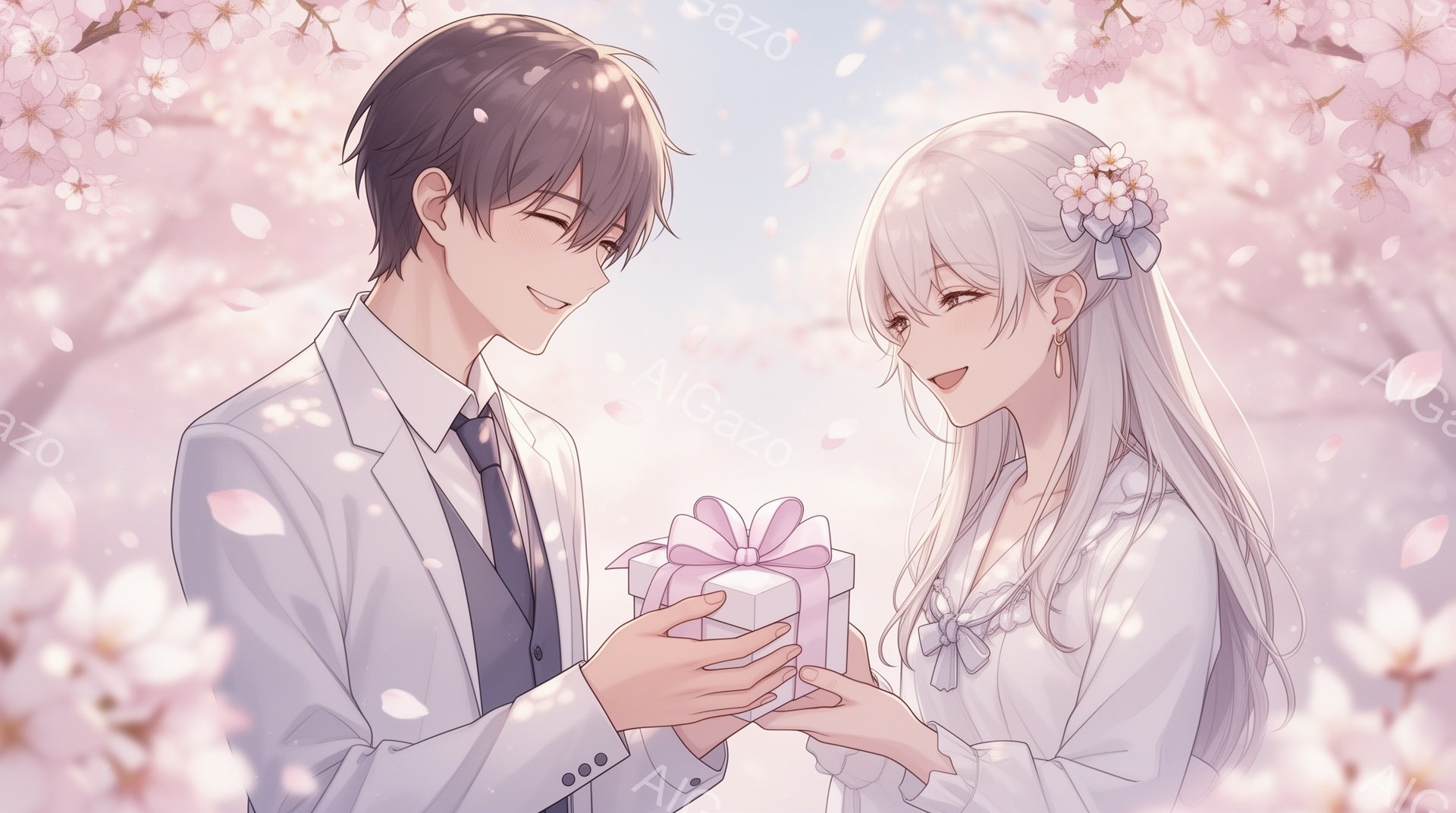 白いスーツとネクタイを着用した男性が、ピンクのリボンで飾られた白い箱を白いロングヘアの女性に差し出しています。女性は白いドレスを着て、髪に花飾りをつけて微笑んでおり、男性も穏やかな笑顔を浮かべています。背景は桜の花びらが舞う幻想的な雰囲気で、春の暖かさとロマンチックな雰囲気が漂っています。