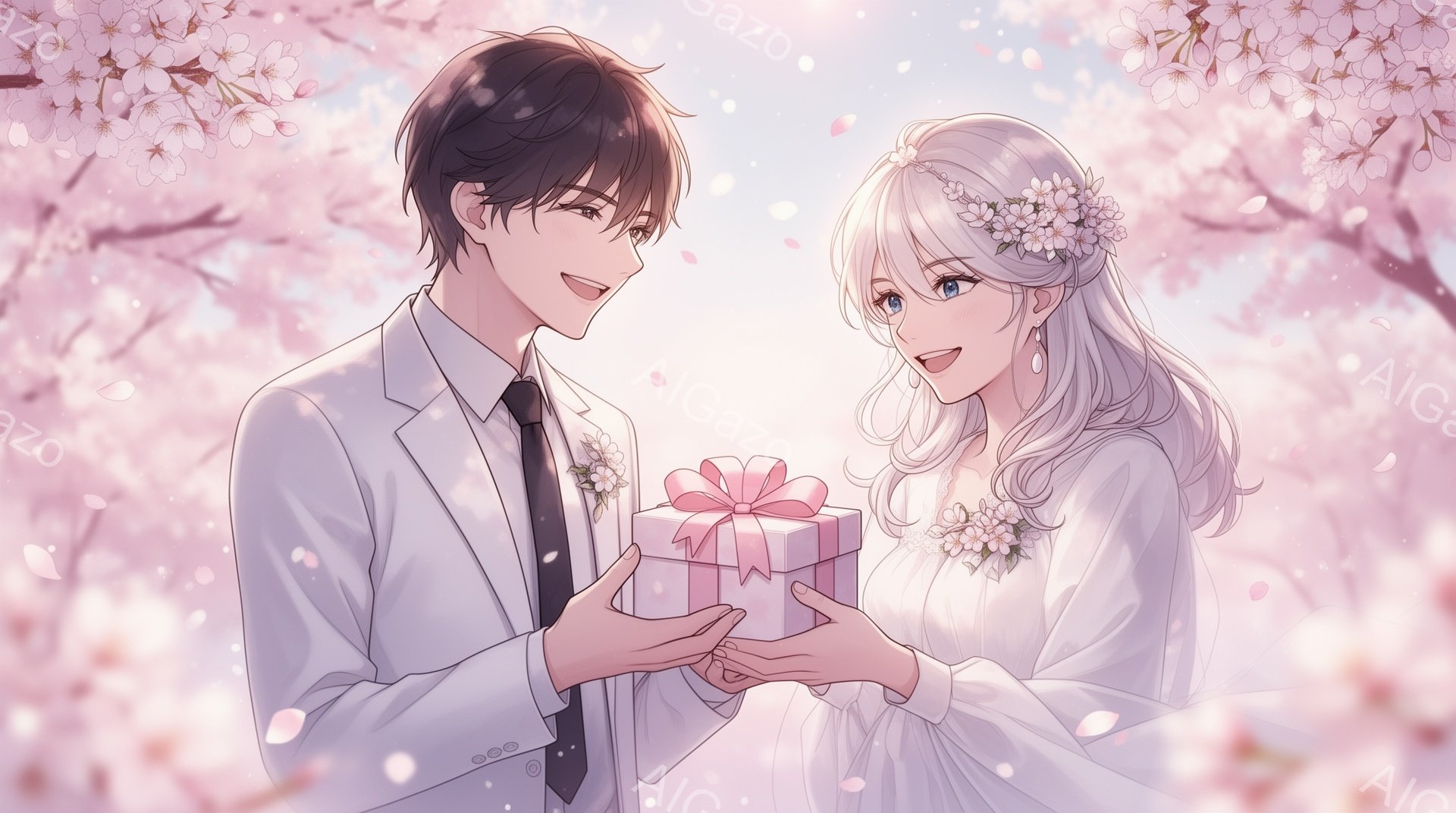 桜の花びらが舞う中で、男性は女性にプレゼントを渡しています。男性は黒髪で、白いスーツにネクタイを締めており、優しい笑顔を浮かべています。女性は白く長い髪をウェーブさせ、花冠をつけており、期待に満ちた表 - AI生成フリー素材