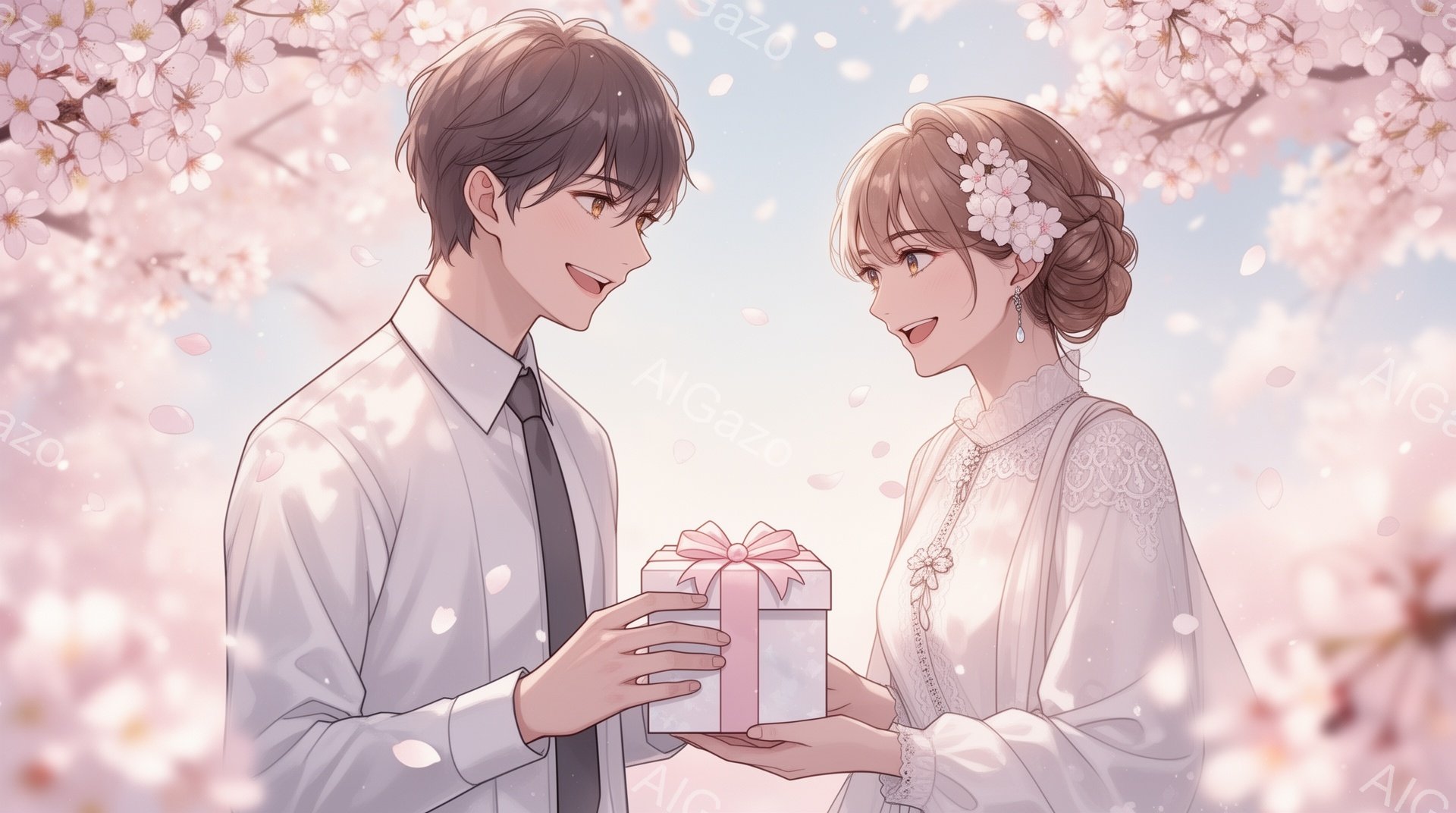 若い男性が女性にピンク色のリボンで結ばれた贈り物（プレゼント）を手渡している様子が描かれています。男性は白いシャツに黒いネクタイとベスト姿で、女性はレースがあしらわれた白いドレスに花飾りをつけています。背景には桜の花びらが舞い散り、春の暖かくロマンチックな雰囲気を醸し出しています。