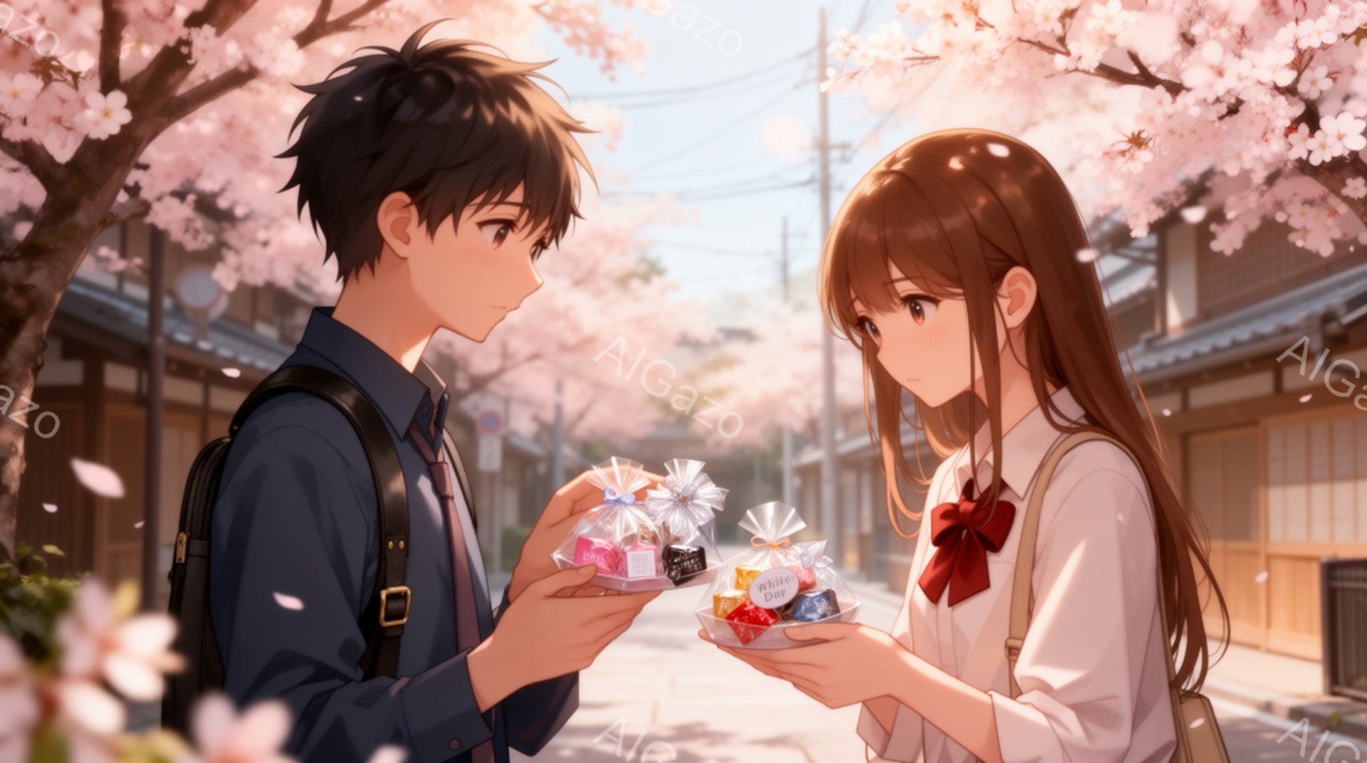 少年と少女が桜並木の下で向き合っています。少年は紺色の制服にリュックを背負い、片手にキャンディーが入った包装紙を持っています。少女は白いブラウスと赤いリボン、セーラー服のような服装で、同様にキャンディーの包装紙を手に微笑んでいます。
