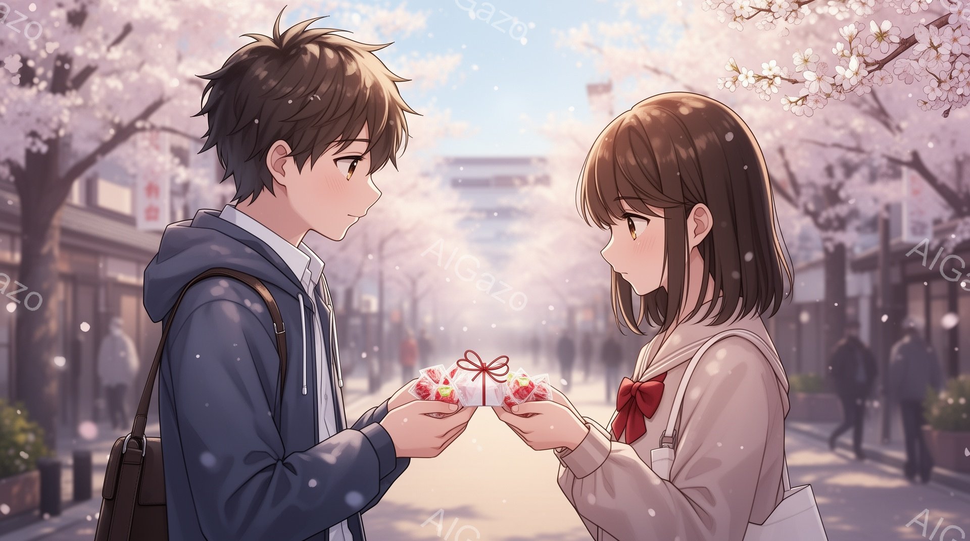 少年と少女が桜並木の下で互いに贈り物交換をしている場面です。少年は青いパーカーに白いシャツを着ており、肩にバッグをかけています。少女は白いブラウスにグレーのセーター、赤いリボンをつけ、微笑みながら贈り物を受け取っています。
