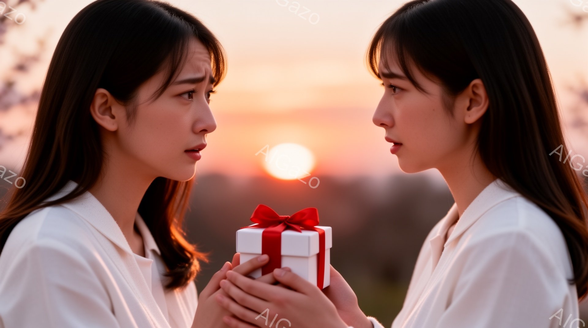 二人の若い女性が向かい合って立っており、一人が白い箱型のプレゼントを赤いリボンで飾って持っています。彼女たちは白いシャツを着ており、黒髪のストレートヘアです。背景には夕焼けの空とぼやけた木々が見え、ロマンチックで少し切ない雰囲気を醸し出しています。