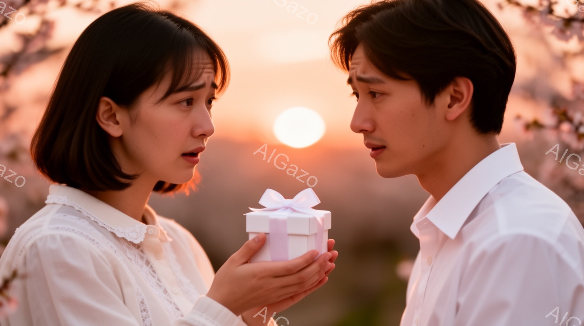 浅いピンク色の小さなギフトボックスを男性が女性に差し出している写真です。女性は白いレースのブラウスを着ており、短い黒髪をしています。男性は白いシャツを着ており、背景には桜の木々と夕焼けが見え、ロマンチックな雰囲気が漂っています。