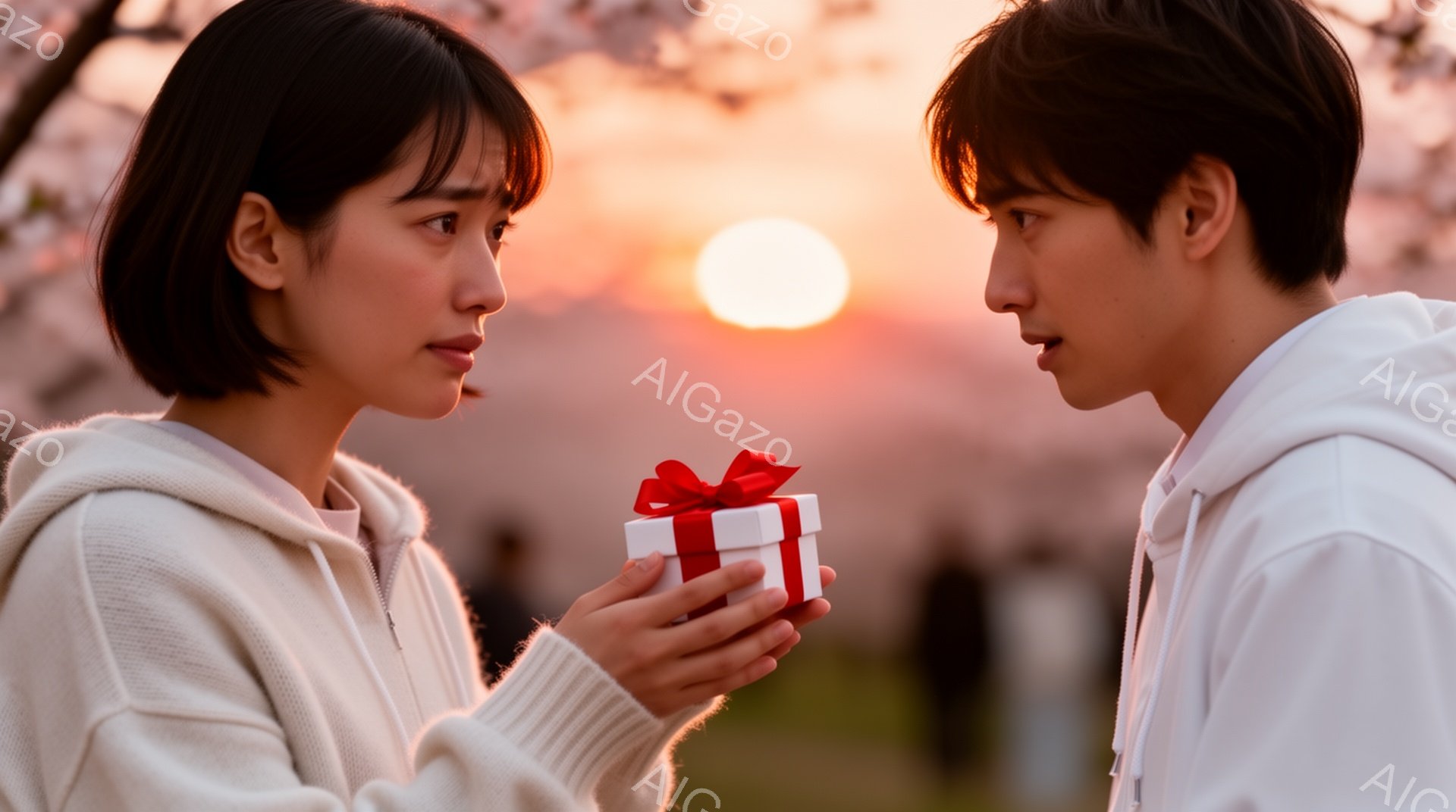 若い女性が白いニットパーカーを着て、短い黒髪を耳にかけるようにしています。彼女は赤いリボンで結ばれた小さな白いプレゼントボックスを若い男性に差し出しており、少し照れたような表情をしています。背景には桜並木と夕焼けの空が広がり、暖かくロマンチックな雰囲気が漂っています。