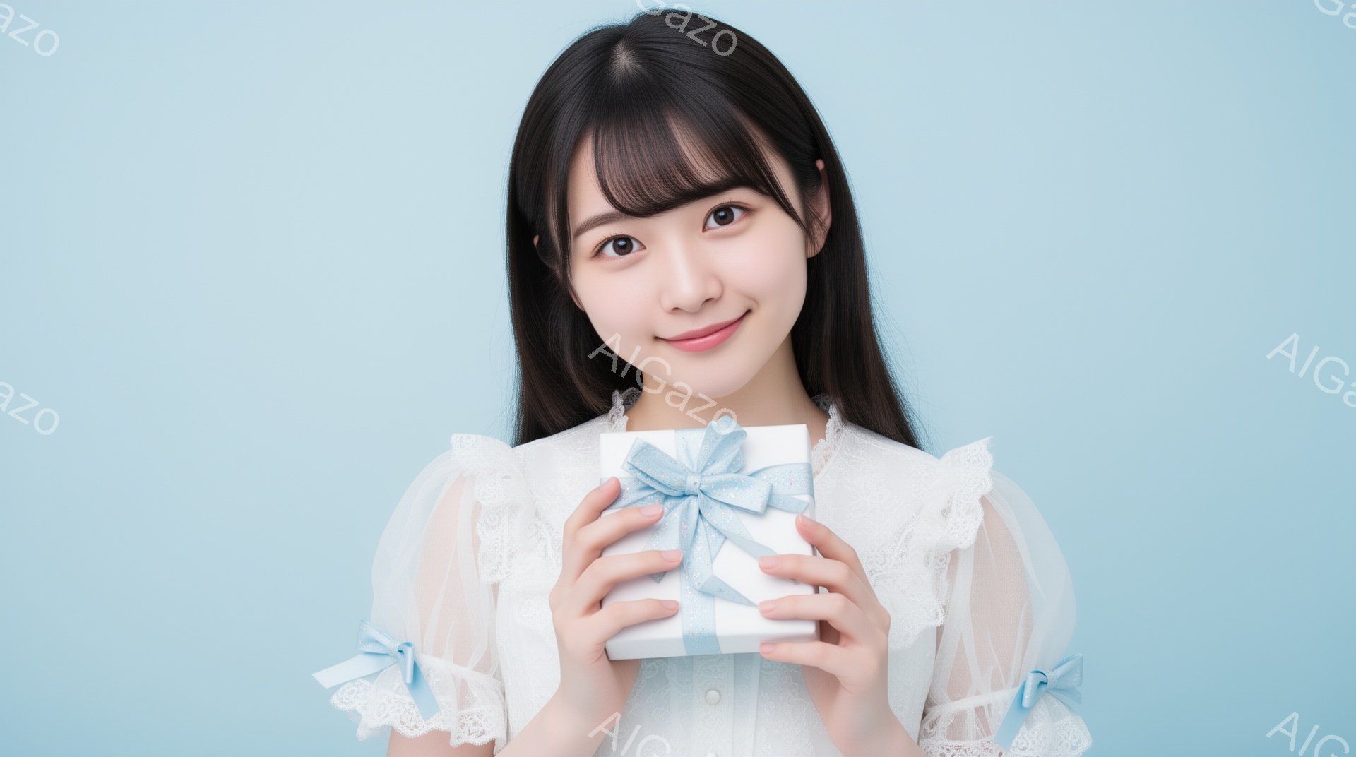 黒髪で前髪のある若い女性が、白いレースのブラウスを着て、両手で白いリボンが付いたギフトボックスを抱えています。彼女は微笑んでおり、明るく優しい表情をしています。背景は淡い水色で、人物に焦点が当てられています。