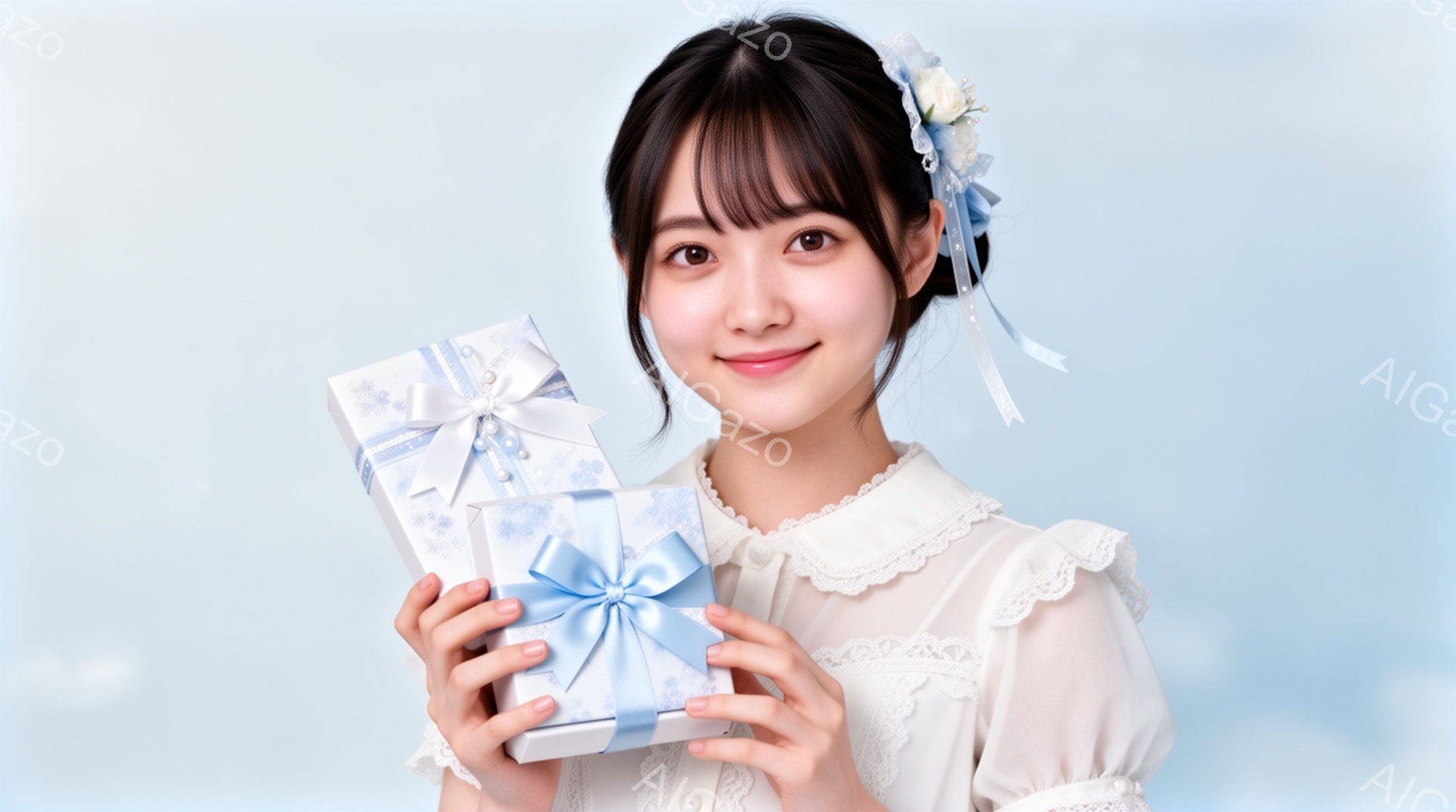 若い女性が白いレース襟のブラウスを着て、プレゼントの箱を二つ持っています。彼女は笑顔でカメラを見つめており、髪は後ろでまとめられ、飾りが付いています。背景は淡い青色で、雲のようなぼかしがあり、全体的に - AI生成フリー素材