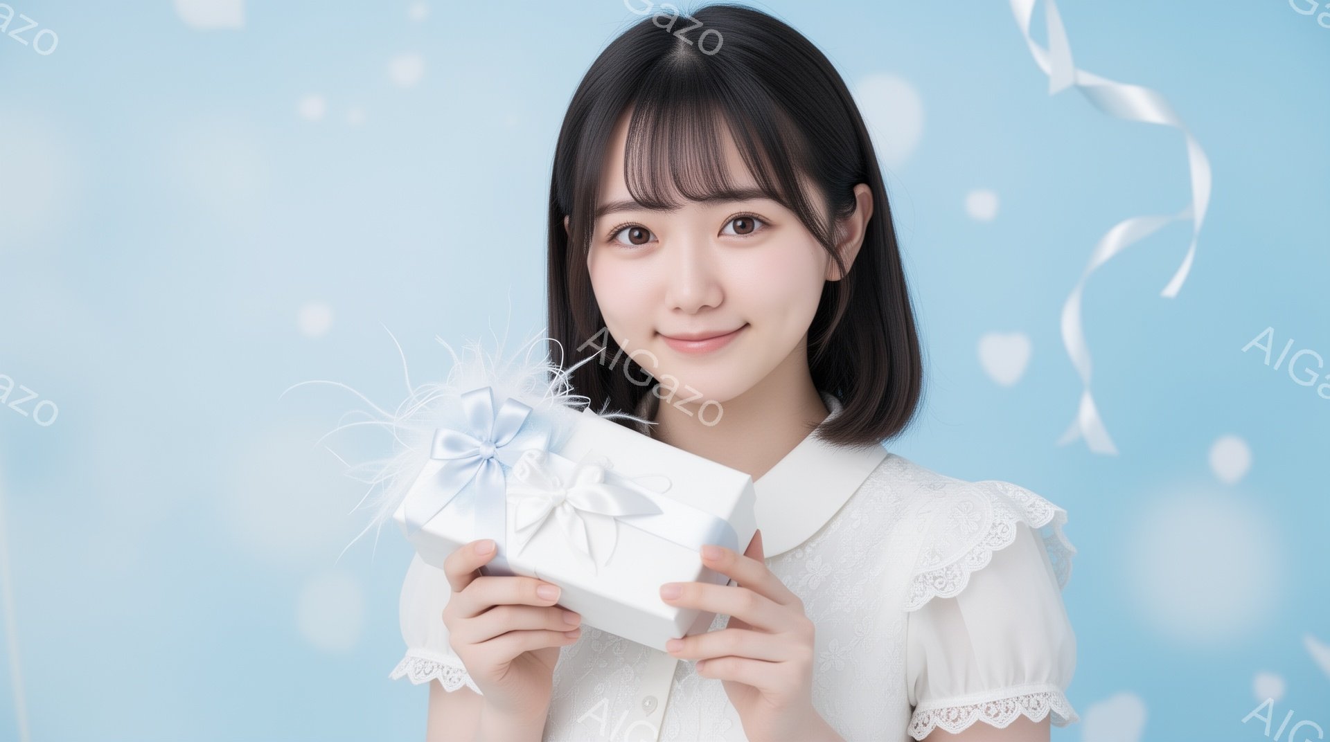 ショートヘアの女性が白いレースのワンピースを着て、両手で白いリボンと花飾り付きのギフトボックスを持っています。彼女は微笑んでおり、背景は淡い水色のグラデーションで、白いハートとリボンの装飾が散りばめら - AI生成フリー素材