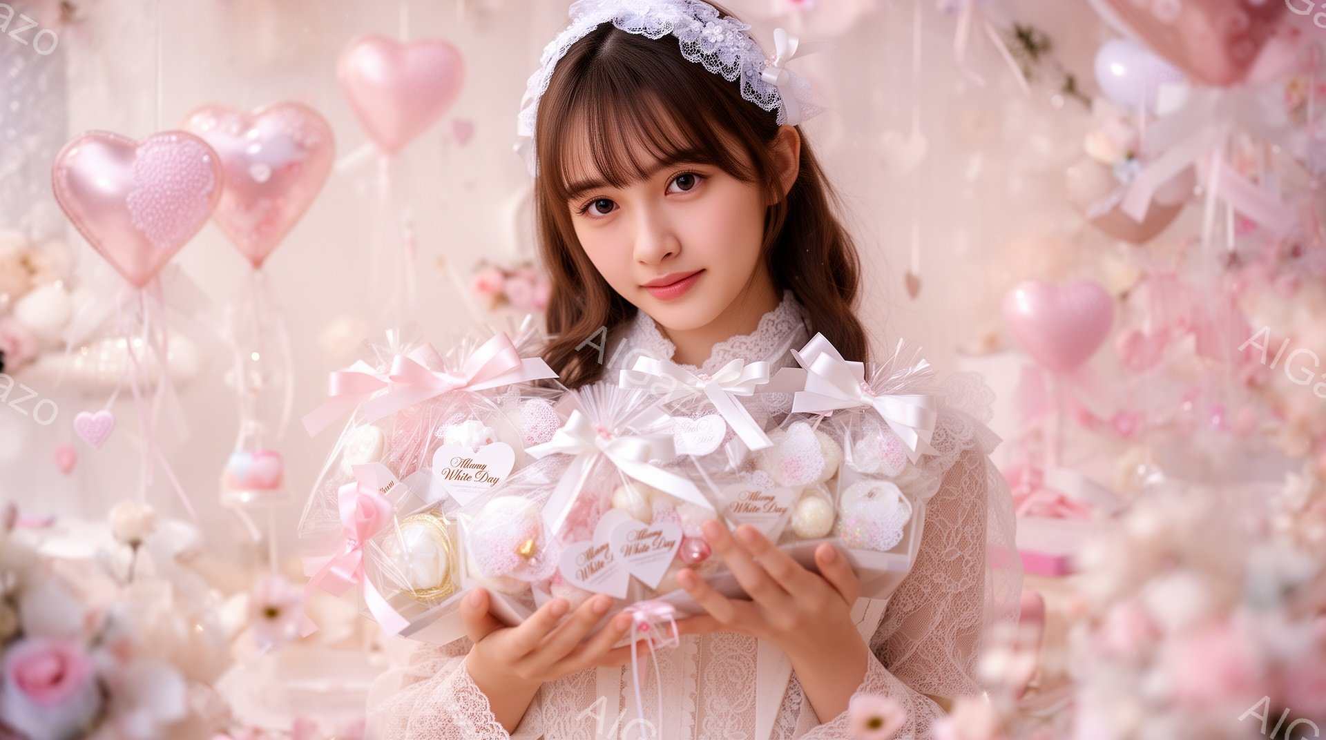 画像は、白いレースのブラウスを着た若い女性が、両手に「メリーホワイトデー」と書かれた白いギフトを数個持っている様子を捉えています。彼女は長い黒髪をセンターパートにし、白いヘッドドレスを付けており、微笑 - AI生成フリー素材