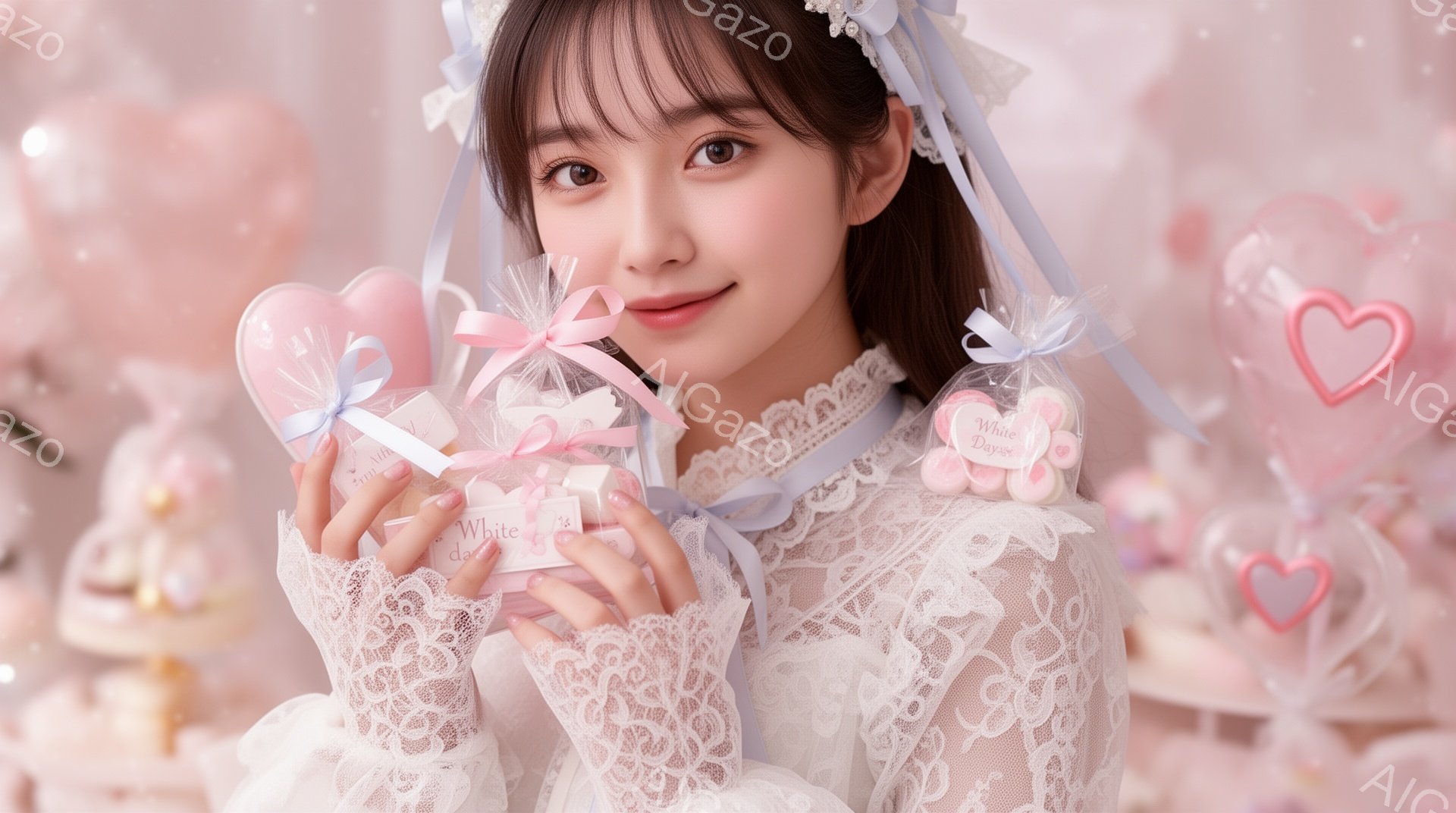 長い黒髪をセンターパートにした若い女性が、白いレースのブラウスを着て、複数のハート型のキャンディが入った小さなギフトバッグを手に持っています。彼女は微笑んでいて、優しい表情をしています。背景はパステル - AI生成フリー素材
