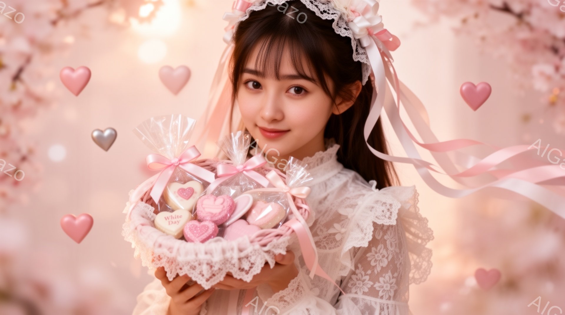 長い黒髪に白いレースのヘッドドレスをつけた若い女性が、ピンクと白のハート型のキャンディが入ったレース編みのバスケットを両手で抱えています。彼女は白いレースのブラウスを着て、穏やかで優しい笑顔を浮かべています。背景はぼやけたピンク色の桜の花で、ロマンチックで夢幻的な雰囲気を醸し出しています。