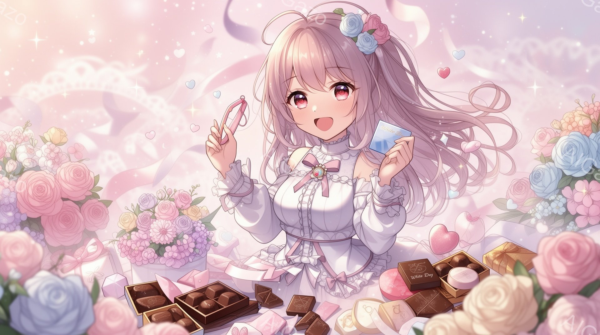 明るいブロンドの髪を長く伸ばした少女が、白いレースのフリルが施されたドレスを着ています。彼女は微笑んでおり、両手でハートの形を作ってチョコレートとメッセージカードを掲げています。背景にはバラの花束やチ - AI生成フリー素材