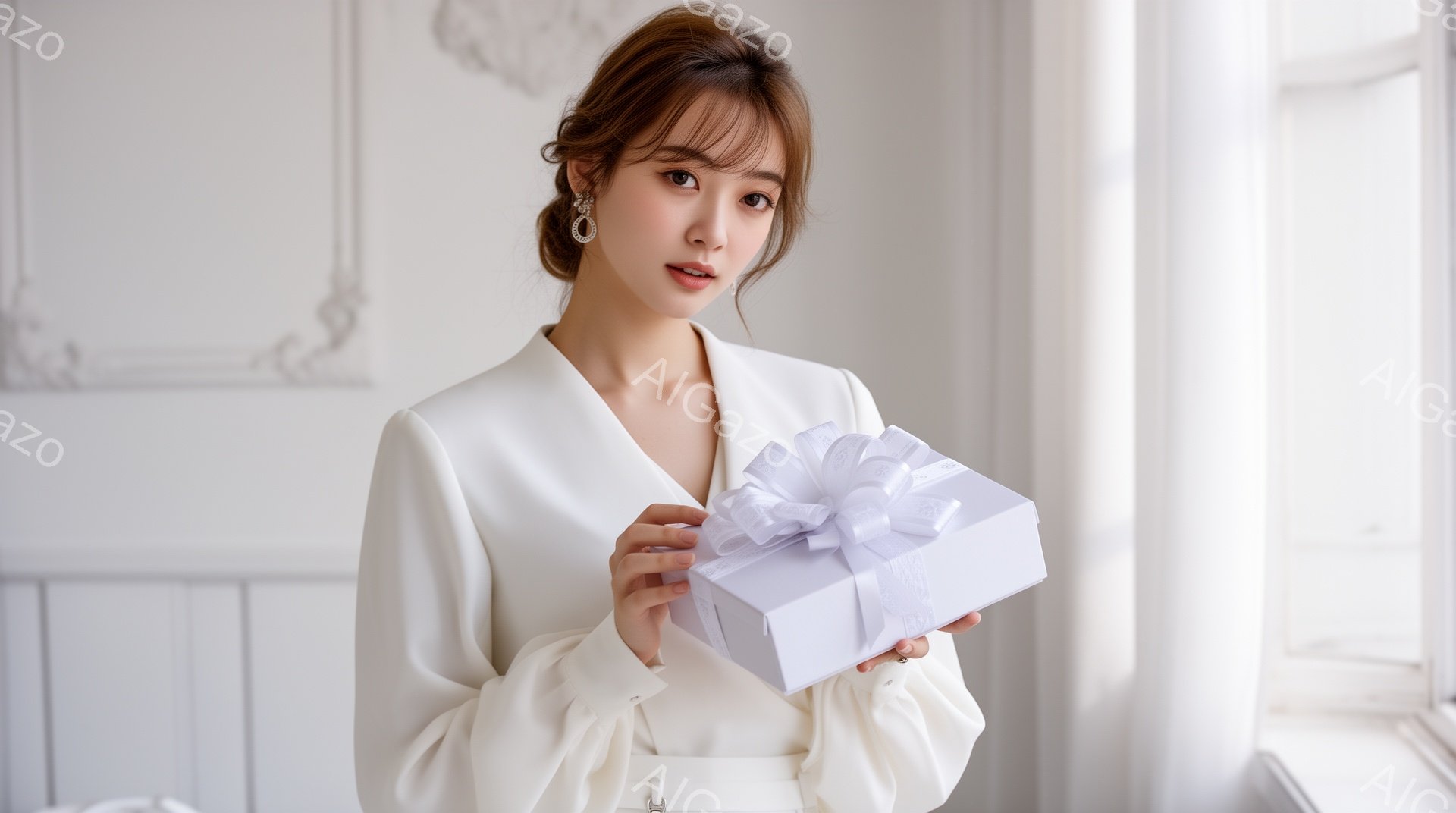 明るい背景の中で、茶色の髪をハーフアップにした女性が白い箱を持っています。彼女は白いブラウスとベルトを身に着け、耳にはキラキラと輝くイヤリングをつけて、穏やかで優しい表情を浮かべています。背景には装飾的な白い壁と窓があり、全体的に上品で穏やかな雰囲気が漂っています。