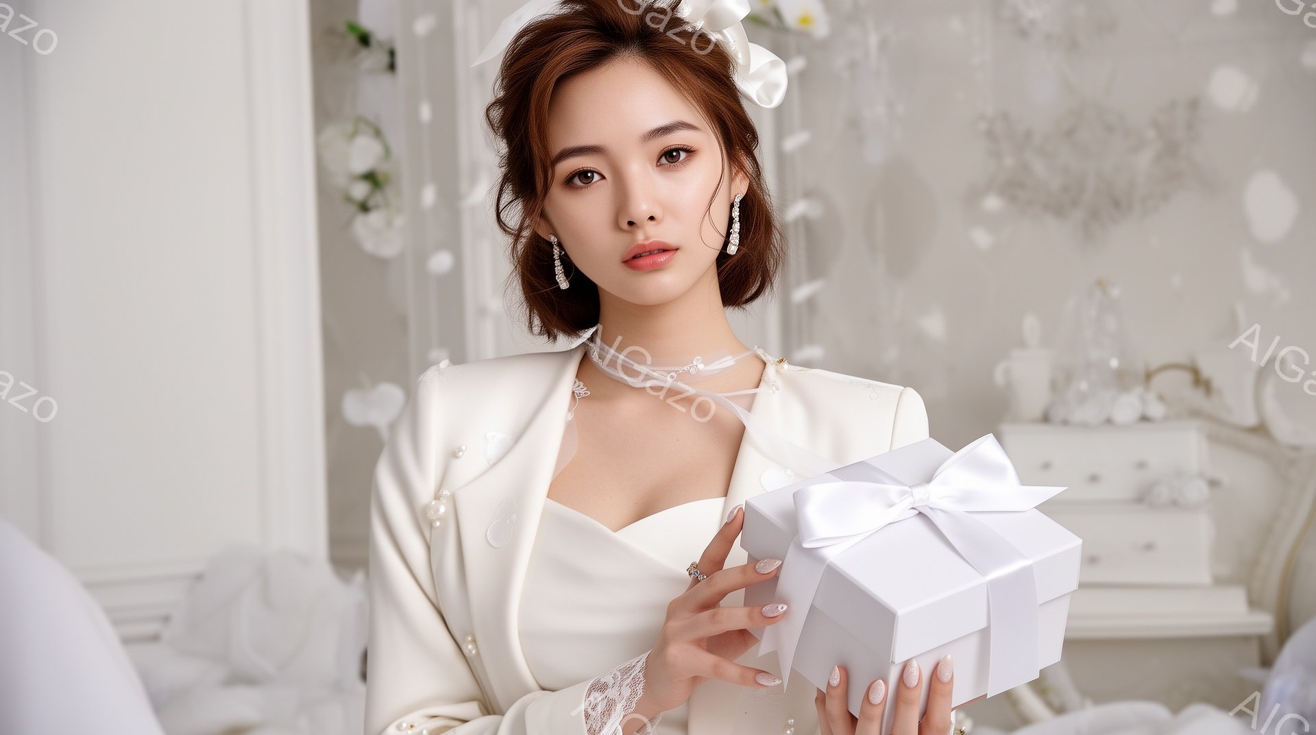 長い茶色の髪を肩の高さでカールさせ、白いレースのブラウスと、パールが施されたネックレスとイヤリングを身につけた女性が写っています。彼女は右手に白いリボンで結ばれた白い箱を持って微笑んでおり、その視線はカメラに向けられています。背景は白い家具と装飾が施された、明るく華やかな室内で、お祝いや贈り物の雰囲気が漂っています。