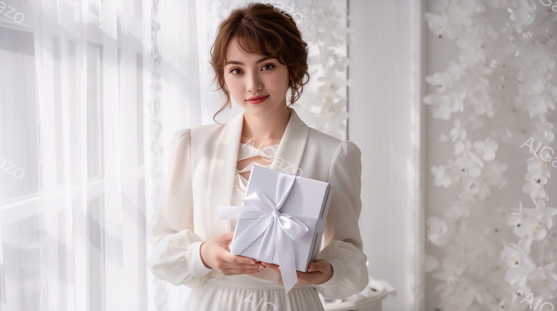 白いドレスを着た女性が、両手で白いリボンで結ばれた白いギフトボックスを抱えています。彼女は軽く微笑み、明るい茶色の髪は肩にかかるようにゆるく巻かれています。背景は白い花の壁で、全体的に柔らかくロマンチ - AI生成フリー素材