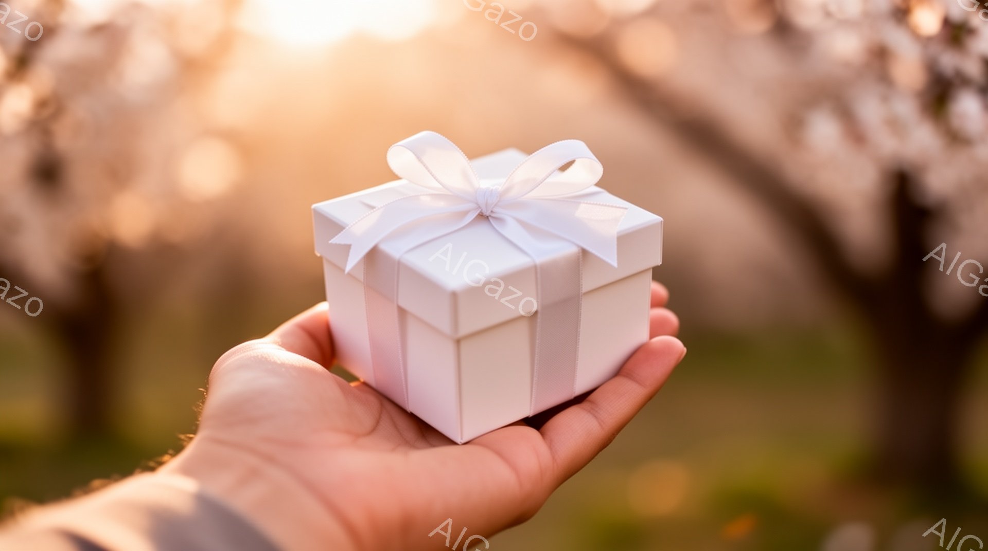 開いた手のひらの上に白いギフトボックスが置かれています。箱は白いリボンで丁寧に飾られており、背景にはぼやけた桜の木々が見え、春の柔らかな光が差し込んでいます。全体的に、贈り物や特別な機会を象徴する、優しく希望に満ちた雰囲気です。