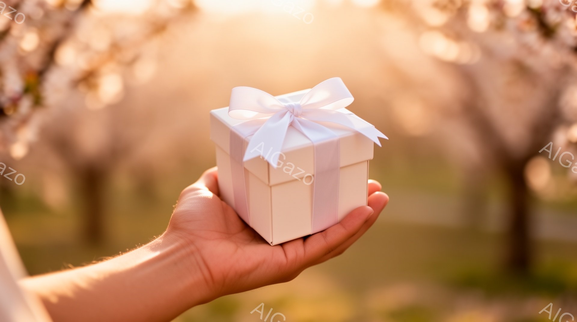 開かれた手のひらに、白いリボンで飾られた小さな白いギフトボックスが載っています。背景は、ぼやけたピンク色の桜の木々と、柔らかい日差しが差し込む緑豊かな風景です。全体的に暖かく、ロマンチックで、贈り物を - AI生成フリー素材