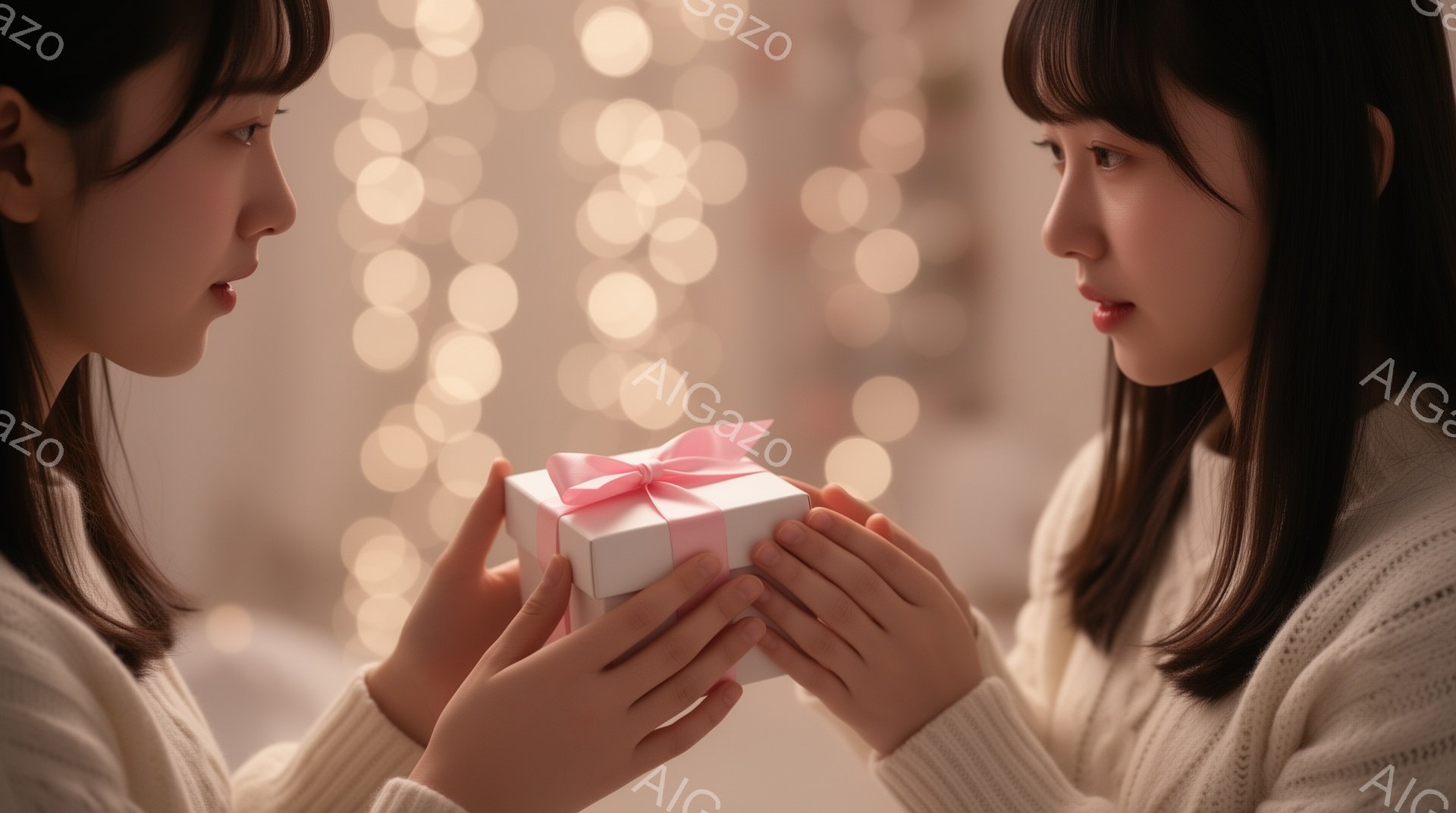 二人の女性が正面を向き合い、プレゼント交換をしている様子が写っている。彼女たちはどちらもセーターを着ており、黒髪を肩まで伸ばしている。背景にはぼやけた光の粒子が多数あり、温かくロマンチックな雰囲気を醸し出している。