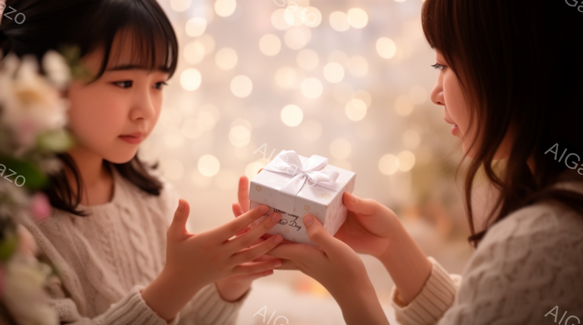 二人の女性が互いに正面を向き、小さな白いギフトボックスを交換しようとしています。どちらもセーターを着ており、片方の女性は髪を後ろでまとめています。背景はぼやけた暖かい光で満たされており、お祝いや親密な雰囲気を作り出しています。