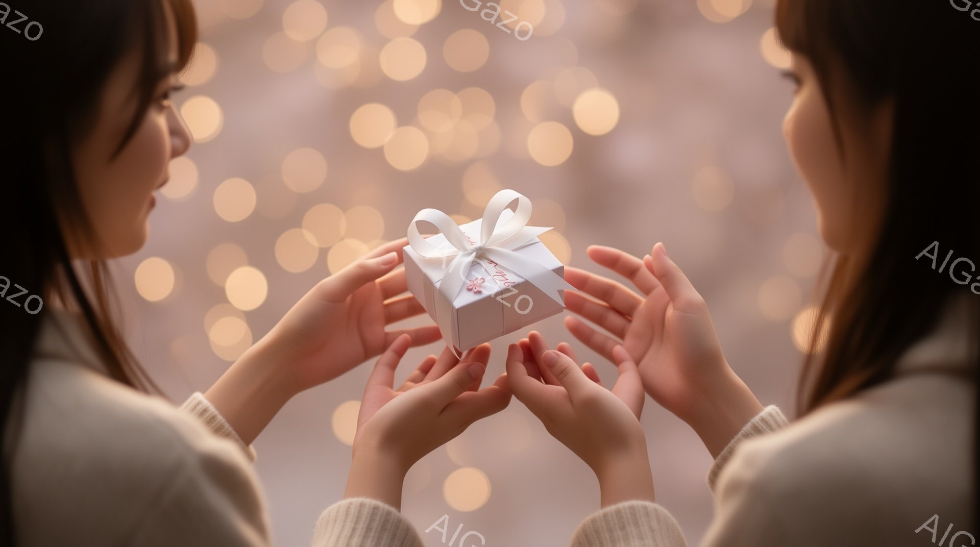 暖かい光の中で、二人の女性がプレゼントを交換しようとしている様子が写っている。オフホワイトのニットを着ており、手は互いに伸びて、白い箱型のプレゼントに手が届きそうになっている。背景はぼやけた光の点々で、お祝いや親愛の気持ちを表すような、柔らかな雰囲気が漂っている。