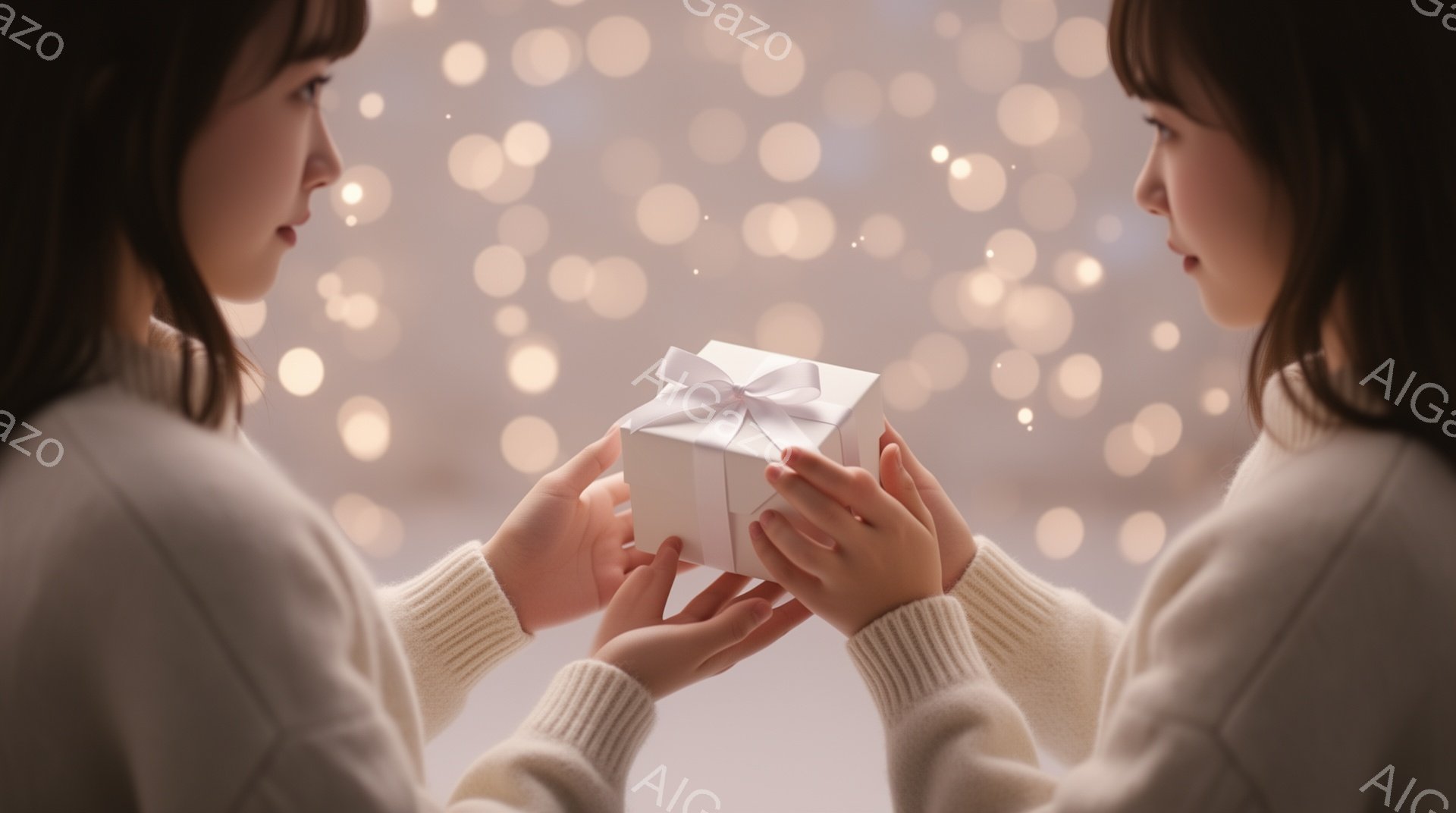 2人の女性が互いに向き合い、小さな白いギフトボックスを両手で差し出している様子が写っている。女性たちは白いセーターを着ており、長い黒髪が肩にかかっている。背景はぼやけた光の粒子で満たされ、温かくロマンチックな雰囲気を醸し出している。
