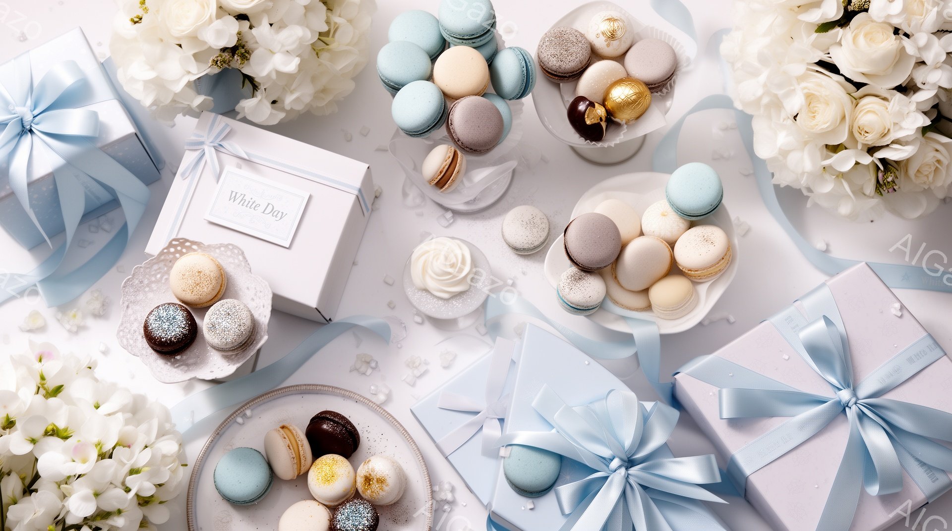 白い背景に、パステルカラーのマカロンやカップケーキ、チョコレート、そしてリボンで飾られたギフトボックスが美しく配置されています。右側には白バラの花束が添えられ、春らしい、またはお祝いの雰囲気を醸し出しています。全体的に淡い色調で、優雅で洗練された印象を与えます。