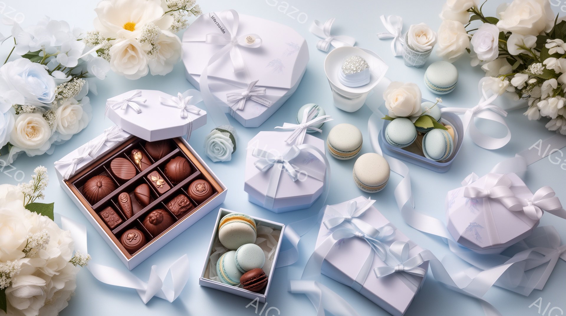 淡いブルーの背景に、マカロン、チョコレート、ギフトボックス、そして白い花が散りばめられた静物画です。ギフトボックスはリボンで上品に飾られ、チョコレートは様々なフレーバーの詰め合わせとなっています。全体的にパステルカラーで統一され、優雅で繊細な雰囲気を醸し出しています。