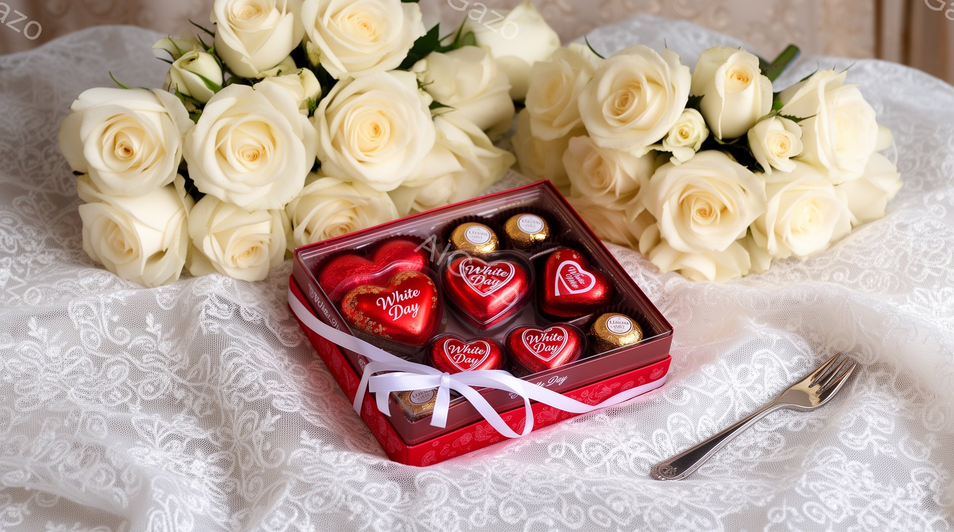 白いバラの花束と赤いハート型のチョコレートの箱が写っています。チョコレートは赤いリボンで結ばれた赤い箱の中に整然と並べられており、背景には繊細なレースの布が敷かれています。 優雅でロマンチックな雰囲気 - AI生成フリー素材