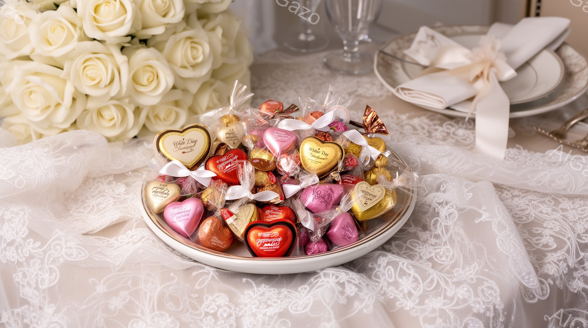 白いレースのテーブルクロスの上に、ハート型のチョコレート菓子が盛られた白い皿が置かれています。チョコレートはピンク、ゴールド、シルバーなどの色とりどりの包装紙で包まれ、それぞれに「Happy Vale - AI生成フリー素材
