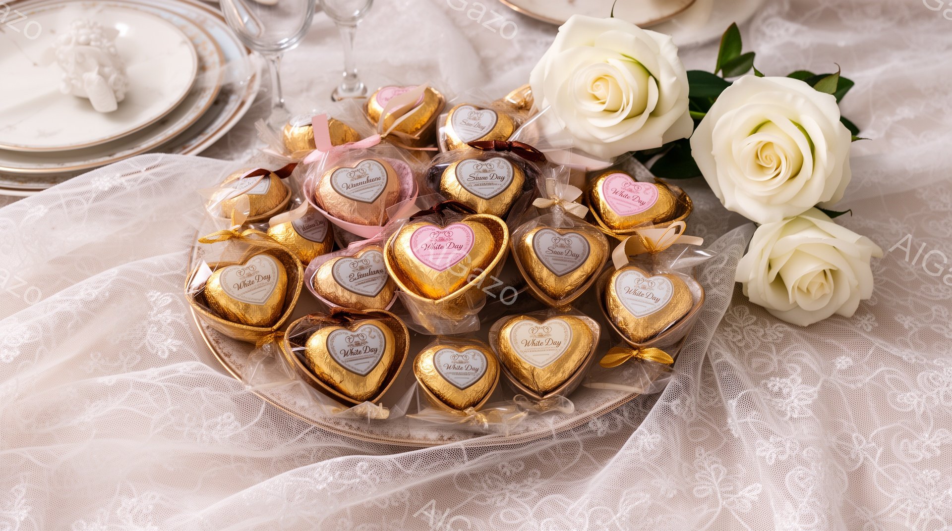 白いレースの敷物の上に、バレンタインデーのお返しである「ホワイトデー」のキャンディがハートの形に包まれて並べられています。キャンディは金色とピンク色で、白いバラの花束と共に飾られています。全体的にロマンチックで甘い雰囲気が漂っており、特別な日を祝うための美しい光景です。