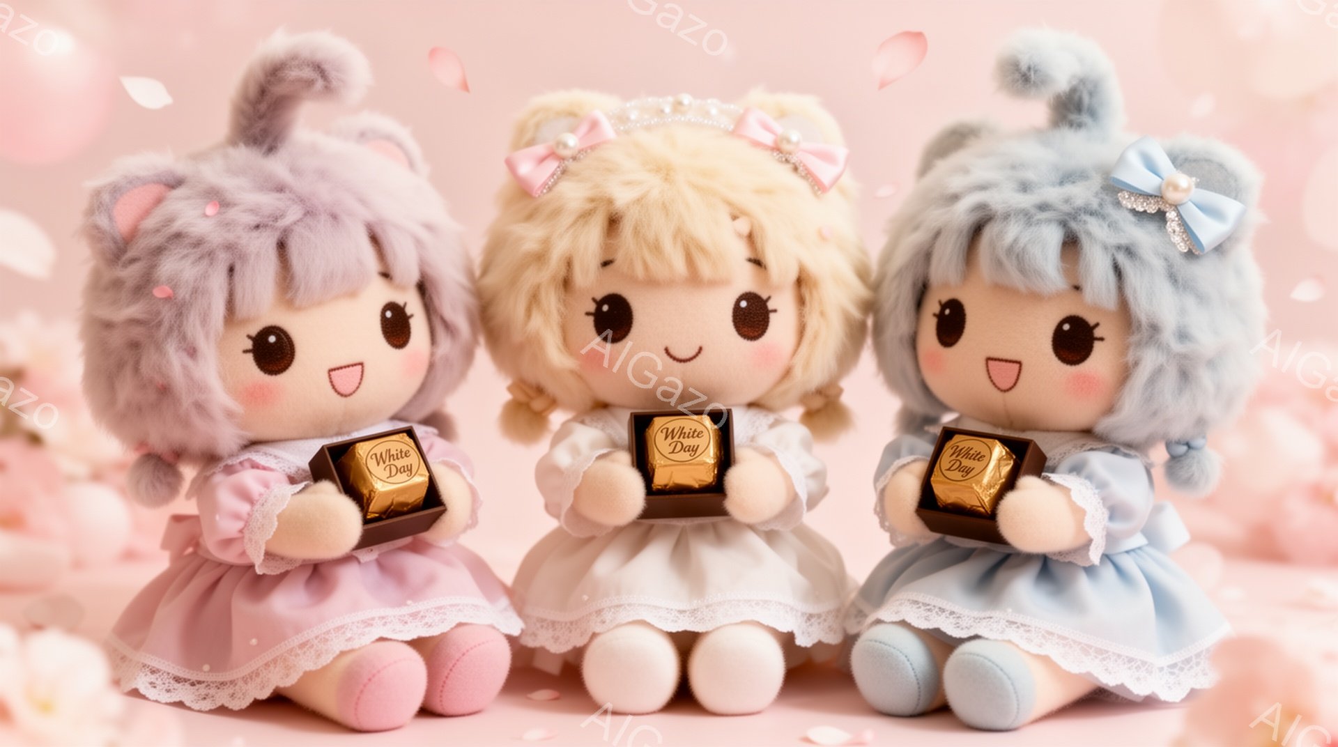 淡いピンク、白、水色の可愛らしいぬいぐるみたちが並んでいます。それぞれフリル付きのワンピースを着ており、頭にはリボンと小さな飾りを付けています。各ぬいぐるみは、”White Day”と書かれたチョコレートの箱を抱えており、背景は淡いピンク色の花びらで満たされ、優しい雰囲気を醸し出しています。