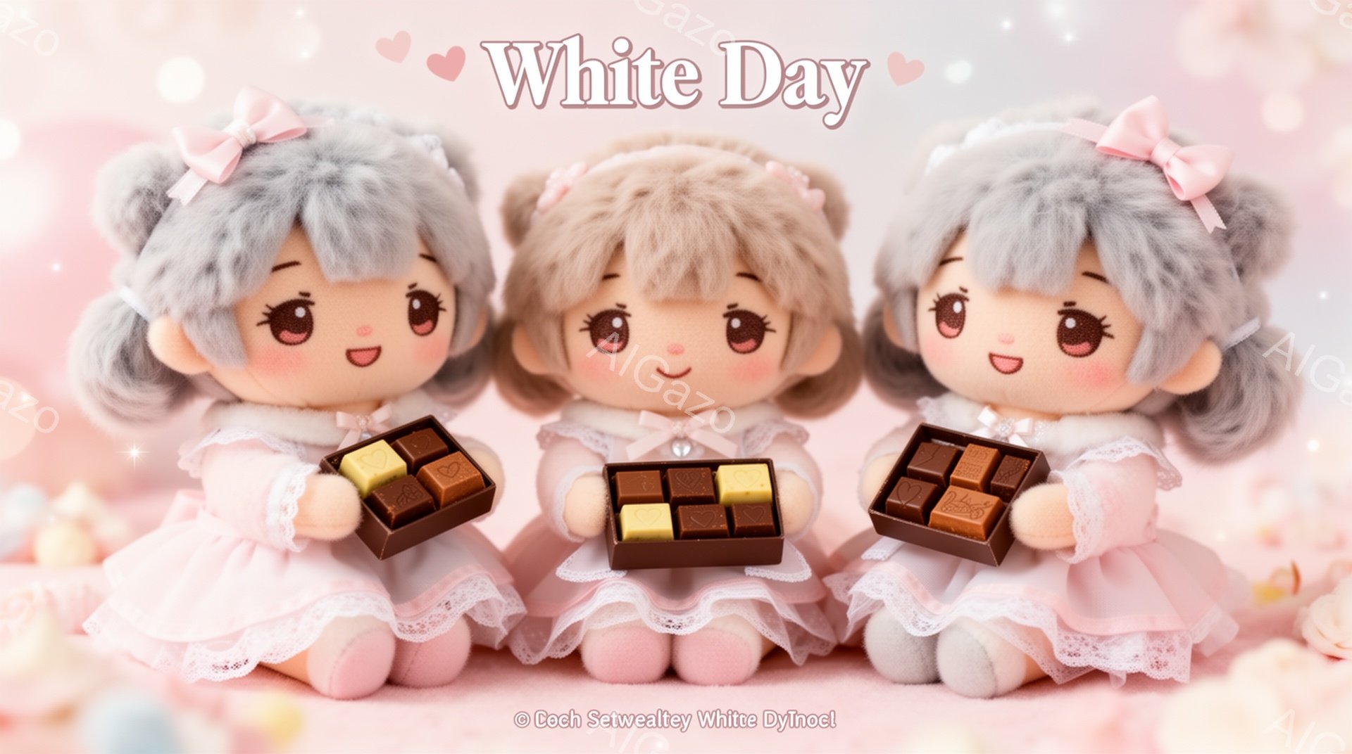 白い背景に、ピンク色のフリルが付いたドレスを着た、同じように見える３体のぬいぐるみがあります。それぞれ明るい茶色の髪をツインテールにし、赤い頬と笑顔で可愛らしい表情をしています。３体はそれぞれチョコレートの箱を持っており、バレンタインデーやホワイトデーを連想させる優しい雰囲気です。