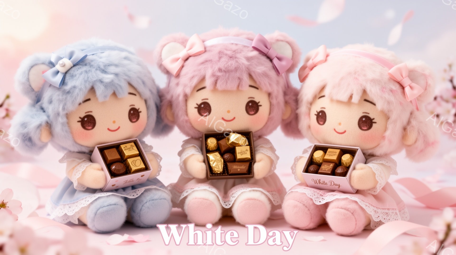 3体の可愛らしいぬいぐるみ（人形）が並んでおり、それぞれパステルブルー、パステルピンク、パステルパープルのドレスを着ています。各人形は頭にリボンをつけており、大きな瞳で穏やかな表情を浮かべ、それぞれ手にチョコレートの入った箱を持っています。背景は淡いピンク色の花びらが舞うぼかし加工が施されており、全体的に優しくロマンチックな雰囲気を醸し出しています。