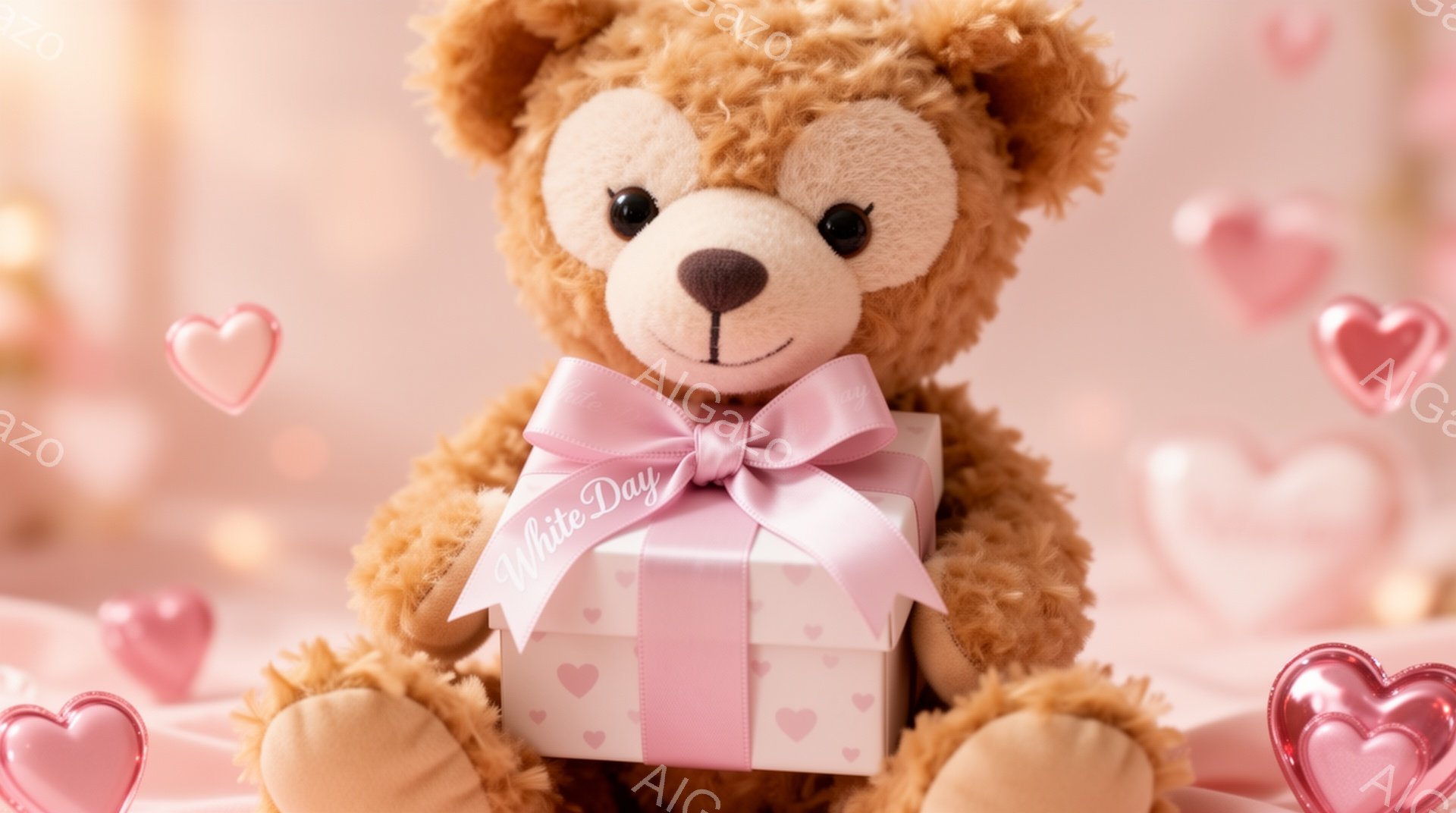 柔らかい茶色のテディベアが、ピンク色のリボンとハート柄のギフトボックスを抱えています。背景は淡いピンク色で、ハート型の装飾が散りばめられ、ロマンチックで優しい雰囲気を醸し出しています。 全体的に、バレ - AI生成フリー素材