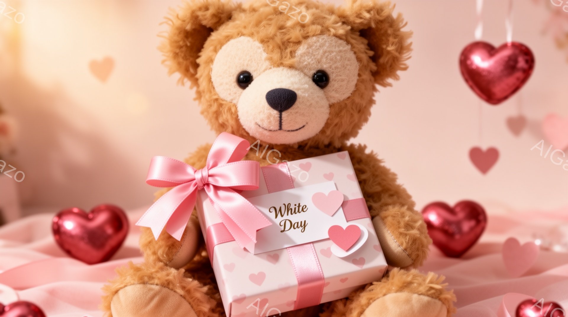 ふわふわの茶色のテディベアが、ピンクのリボンで飾られたギフトボックスを抱えています。背景には、ピンクや赤色のハート型の装飾が浮かび、ロマンチックで優しい雰囲気を醸し出しています。ギフトボックスには「W - AI生成フリー素材