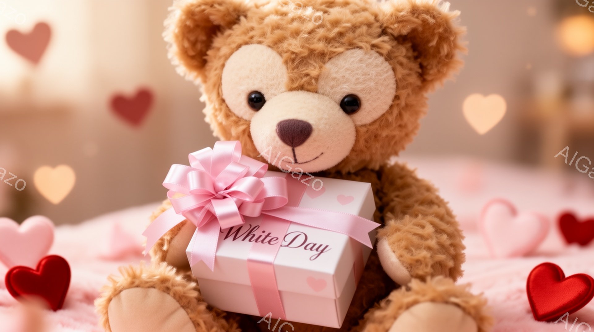 柔らかい茶色のテディベアが、ピンクのリボンとハートが装飾された白い箱を抱えています。背景にはぼやけたハートの形をした光が散りばめられ、ロマンチックで優しい雰囲気を作り出しています。全体的に温かみがあり - AI生成フリー素材