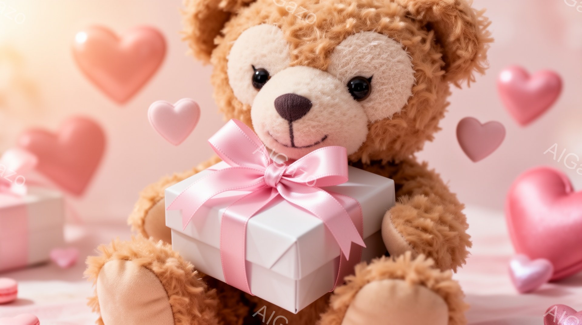 ふわふわの茶色のテディベアが、ピンクのリボンで結ばれた白い箱を抱えています。背景には、ハートの形をした装飾が散りばめられ、柔らかく優しい雰囲気を醸し出しています。全体的に、愛情と幸福感に満ちた、温かい - AI生成フリー素材