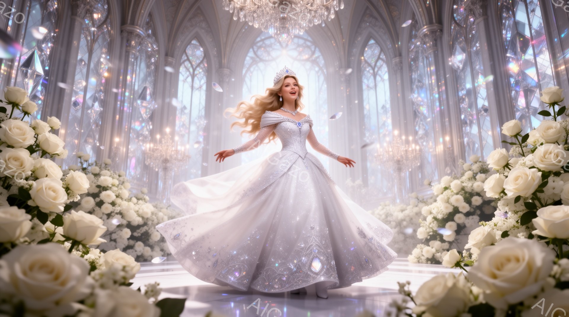 白い豪華なガウンを身に着けた女性が、両手を広げて微笑んでいます。彼女の髪は金髪でカールしており、頭にはティアラが輝いています。背景は高いアーチ型の窓が並んだ壮大な教会のような建物で、白いバラで飾られて - AI生成フリー素材